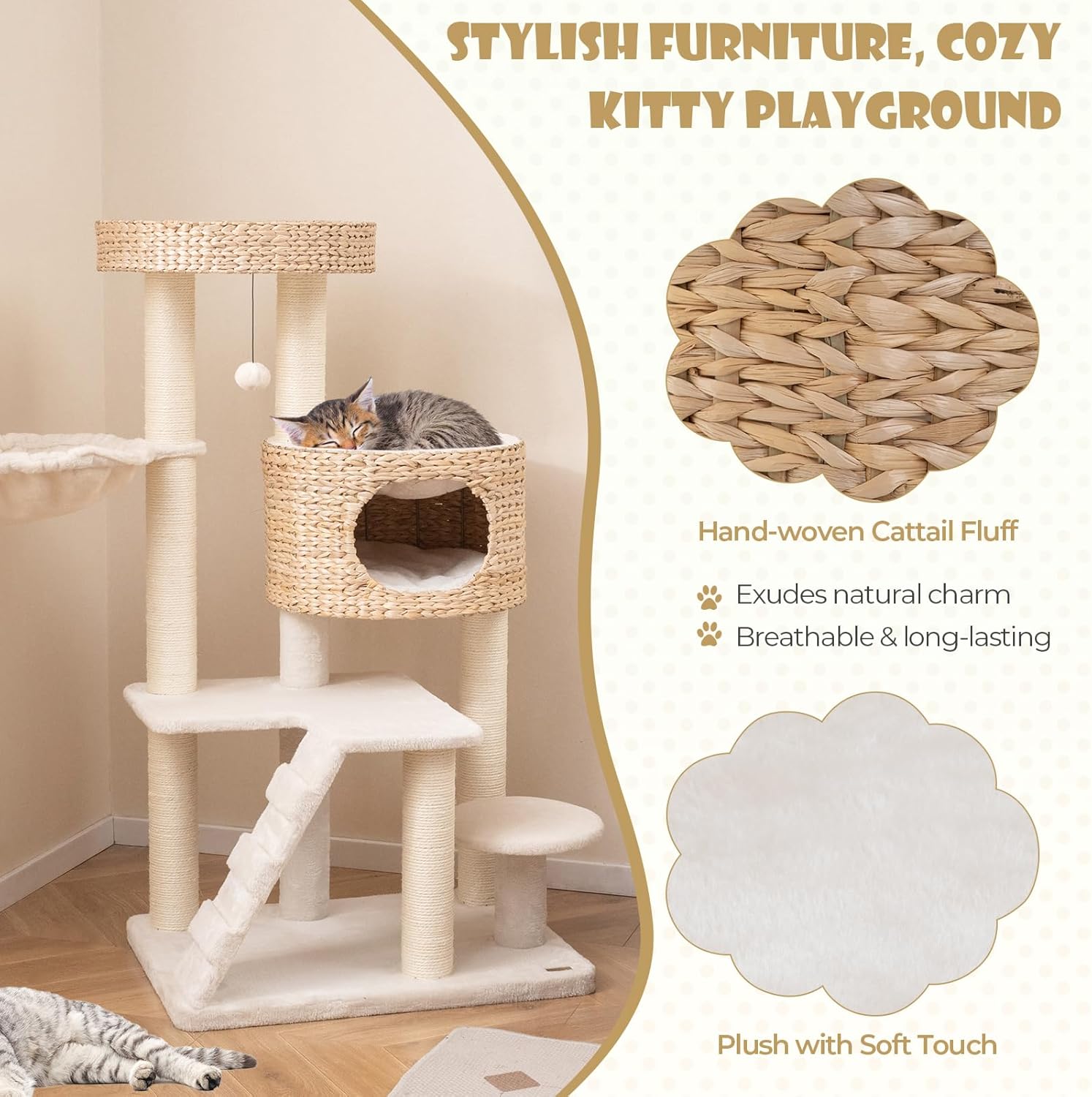 PETSITE 50 inch Cattail Cat Tree Tower, Multi-Level Cat Tower with Sisal Scratching Posts, Condo, Side Basket, Ladder, and Top Perch with Removable Soft Cushion, Modern Cat Tree for Indoor Cats