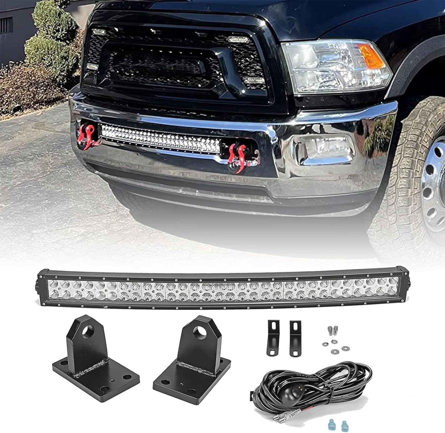 32 inch Curved Light Bar & Hidden Bumper Tow Hook Mounting Bracket Compatible with Dodge RAM 2500/3500/4500 4th Gen 2010-2019