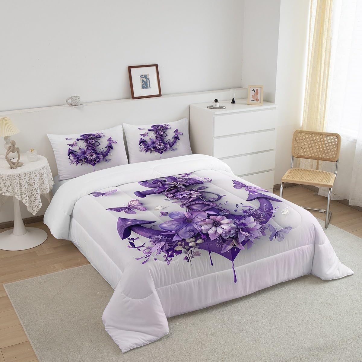 Erosebridal Purple Anchor Girls Toddler Bedding Set Ocean Nautical Comforter Set Watercolor Butterfly Flowers Bedding Comforter Sets for Kids Teen Adults,Retro Anchor Rustic Style Quilt Duvet 2 Pcs
