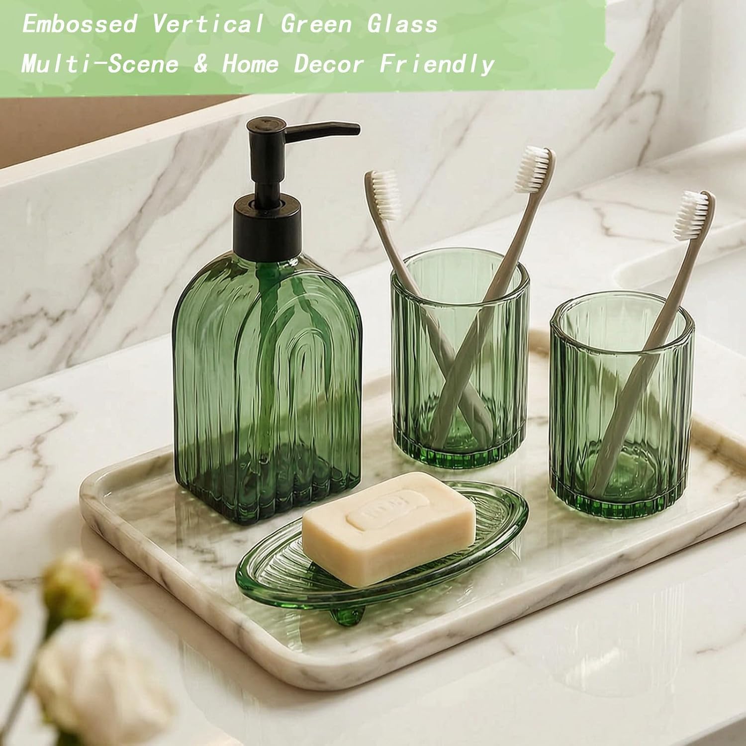 4Pcs Green Glass Bathroom Accessories Set, Bathroom Toothbrush Holder Set