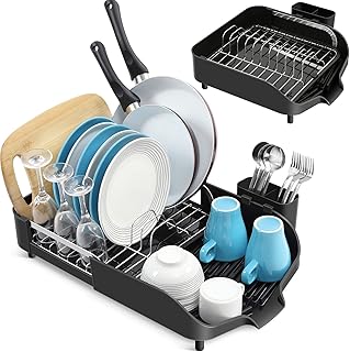 KINGRACK Dish Drainer Rack with Extendable Draining Board, Stainless Steel Dish Drying Rack, Kitchen Dish Rack with Large Capacity Plate Rack Cutlery Holder, Black