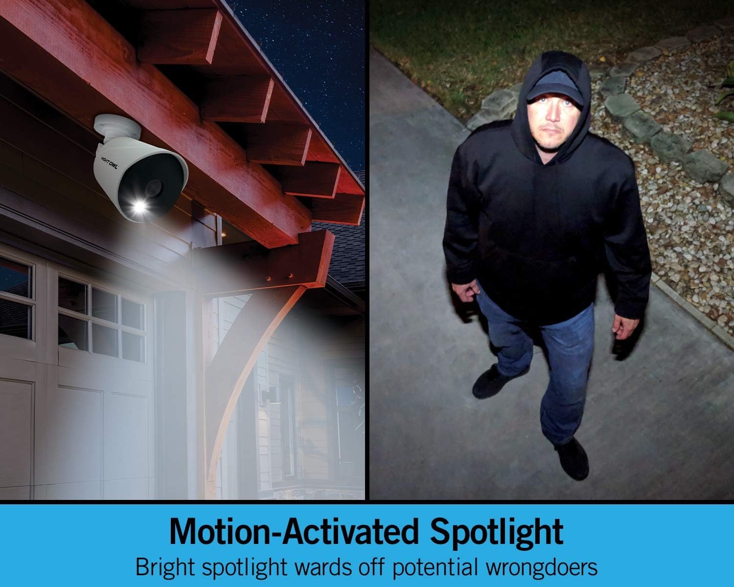 Night Owl security camera with an active spotlight illuminating a person in a dark outdoor setting.