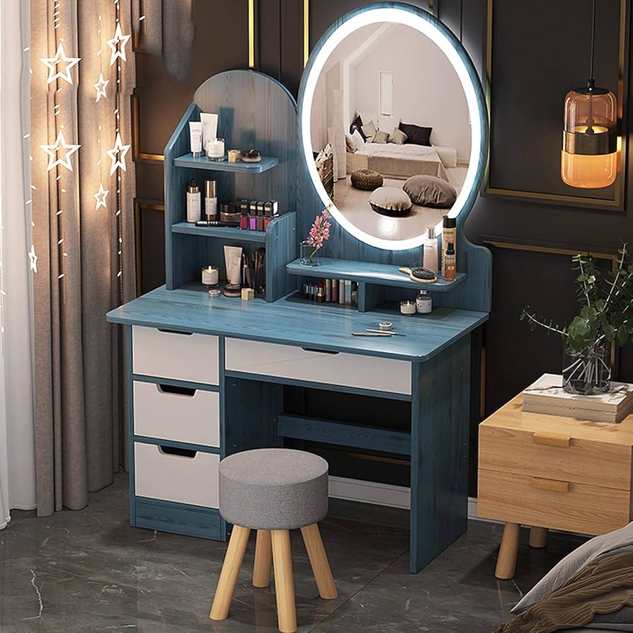 木製ドレッサー・鏡台 椅子、ライト付き