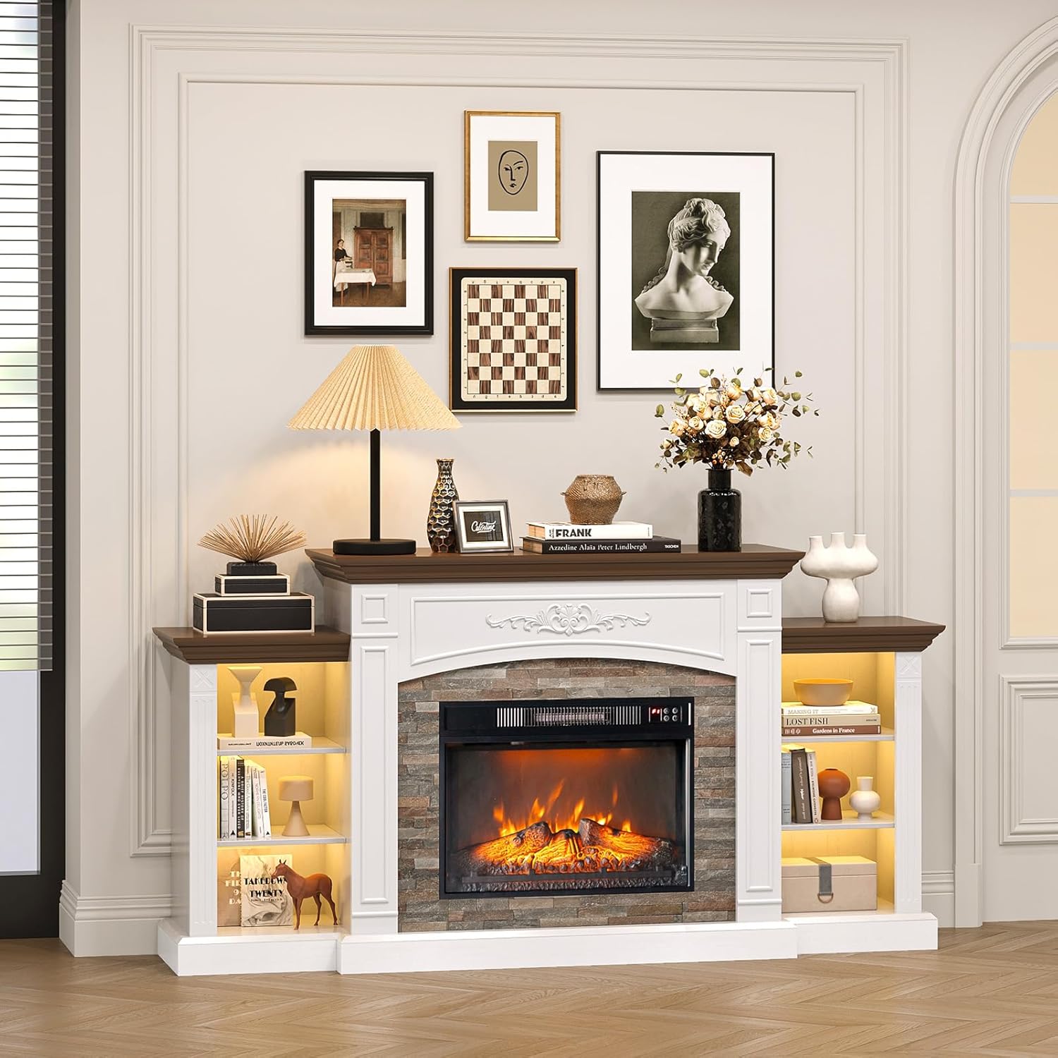 VINGLI 70'' Fireplace TV Stand for 80 inch TVs, Electric Fireplace with Mantel, Modern Entertainment Center with LED, TV Console Table with Adjustable Shelves, Living Room, Distressed White & Barnwood