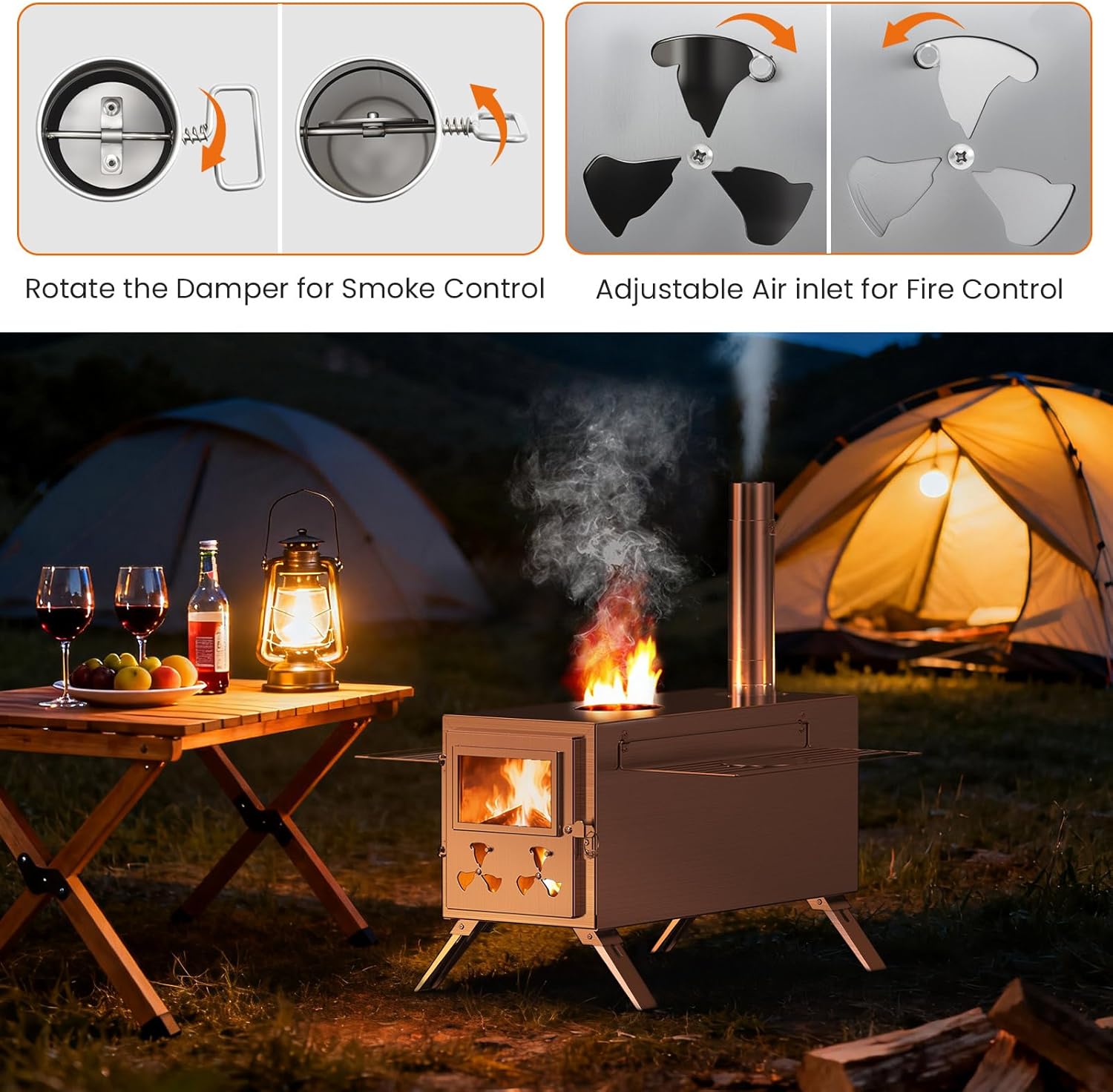 Upgraded Wood Stove, Hot Tent Stove Camping Portable Stainless Steel Wood Burning Stove with 7 Chimney Pipes for Wall Tent Camping, Hunting, Heating, Cooking, Ice Fishing, Boiling Water - Large
