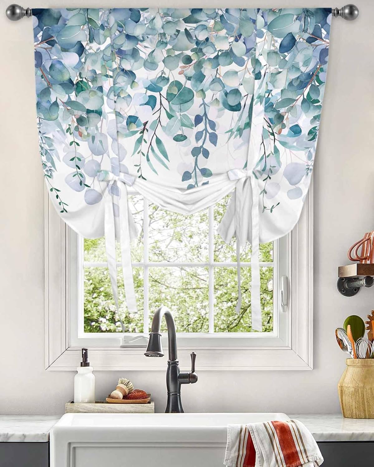 Blue Eucalyptus Tie Up Curtains for Kitchen Bedroom Living Room Windows, Adjustable Tie-Up Shade Rod Pocket Curtain Valance Drape Rustic Botanical Aesthetic Herb Leaves 1 Panel, 34" x 45"