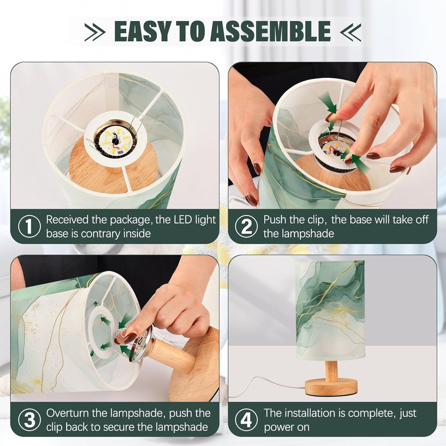 Gold Marble Green Table Lamp for Bedroom Living Room Desk Lamp with USB Port Nightstand Lamp with Round Flaxen Fabric Shade for Dorm Home Office LED Bulb Included