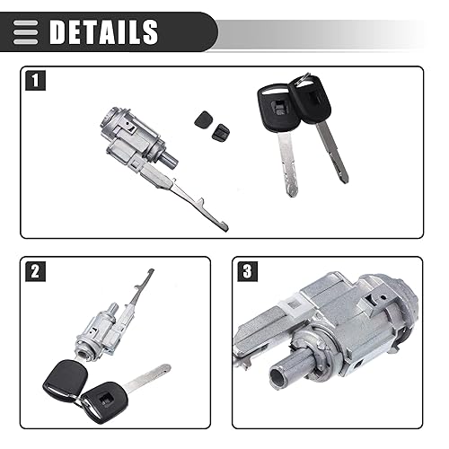 Miniatura 7 de Motoforti Cilindro de interruptor de encendido, cilindro de bloqueo del volante para Honda Accord 2003-2012, metal, con 2 llaves, sin chip,