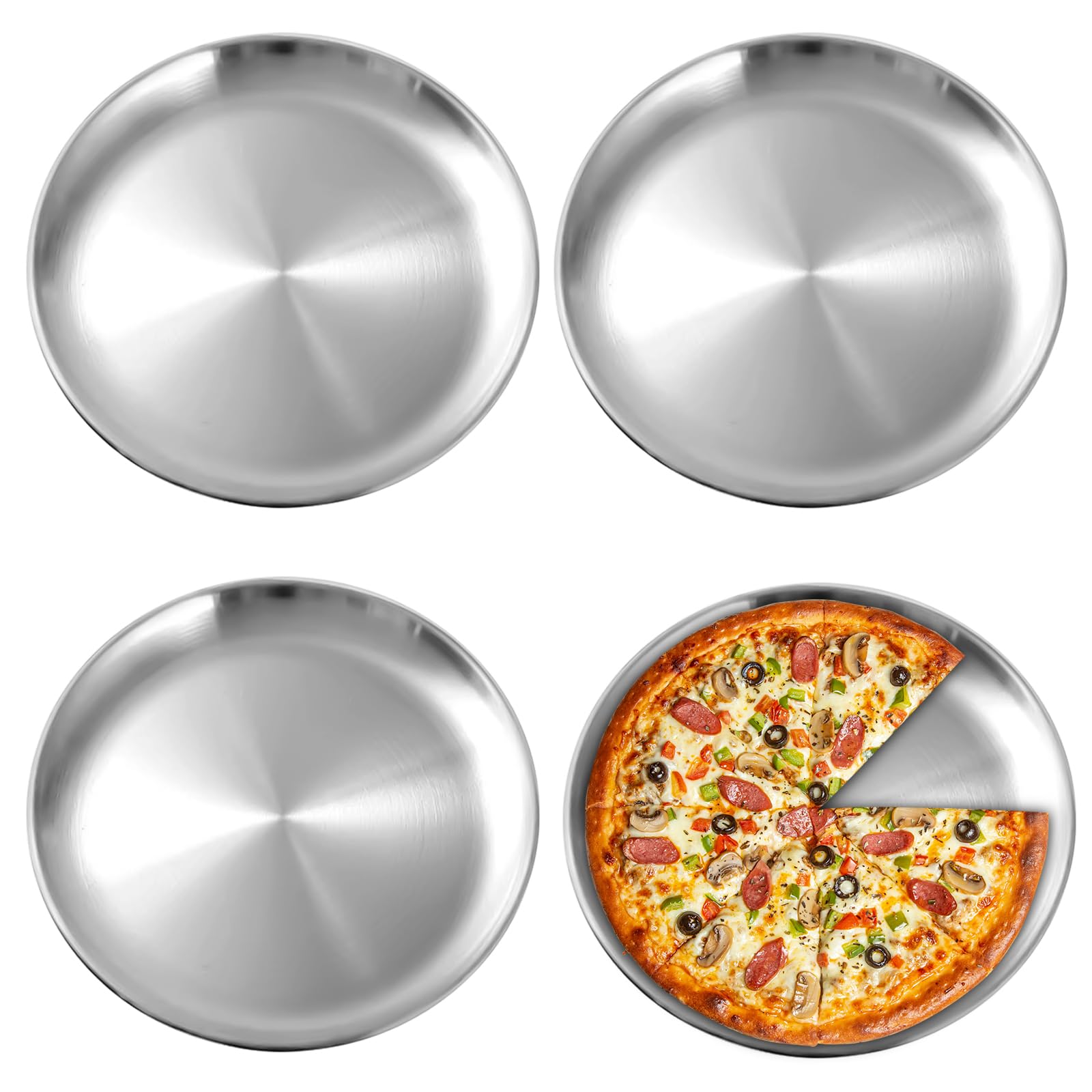 PORFOYO Piatti da Campeggio in Acciaio Inox 30 cm, 4 Set di Piatti in Acciaio Inossidabile Inox, Piatti Rotonde in Acciaio Inox, Stoviglie da Picnic e Campeggio, per Picnic, Campeggio, BBQ