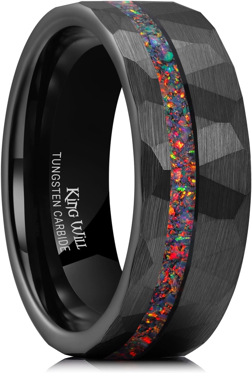 King Will 8mm Tungsten Carbide Opal Rings For Men Black Wedding Band Blue Opal Inlay Brushed Hammered Promise Rings Comfort Fit Size 7-14