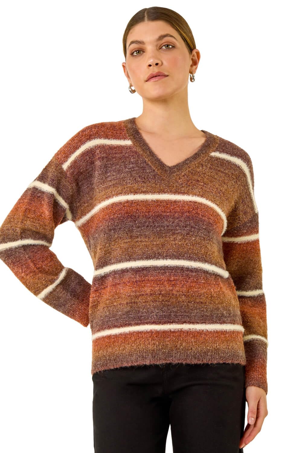 Roman Originals Women's Brown Stripe Fluffy Knit Jumper For Uk - Everyday Autumn Winter V-Neckline Comfy Soft Evening Vacation Work Party Night Out - Size 14