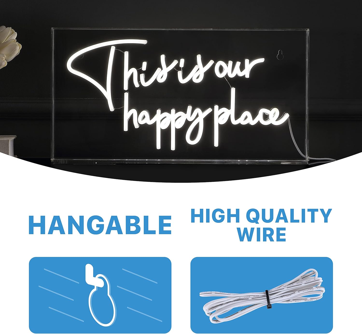 JONATHAN Y 19.6"W x 10.1"H White "This Is Your Happy Place" LED Neon Light, USB Operated, Contemporary Glam Acrylic Box Sign for Bedroom, Dorm, Nursery NEN1026A