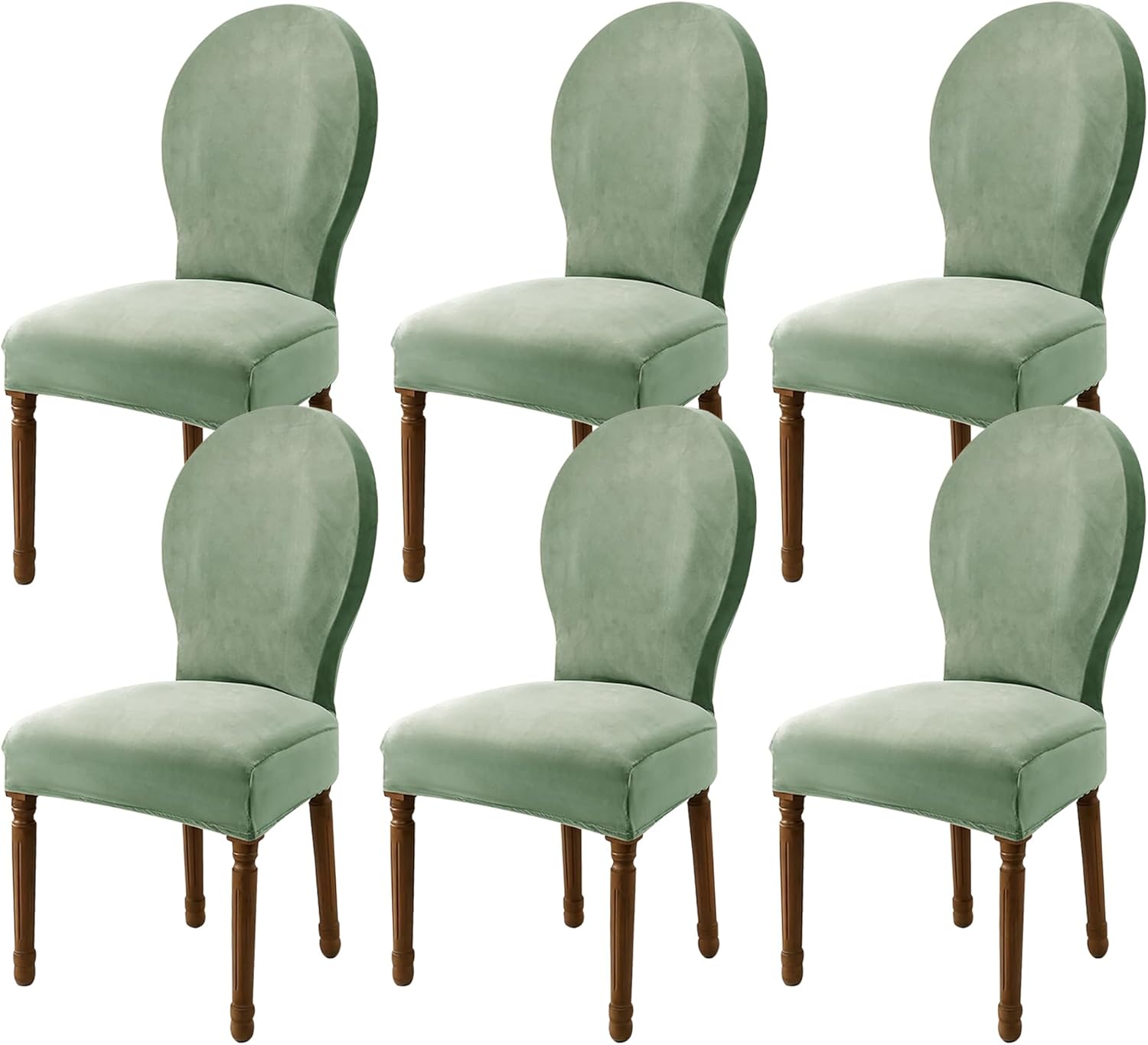 Velvet Round Back Chair Covers for Dining Chairs, Stretch Oval Chair Slipcovers, Mid Century Modern Dining Chair Protectors for Dining Room, Kitchen, Banquet (Sage Green, Set of 6)