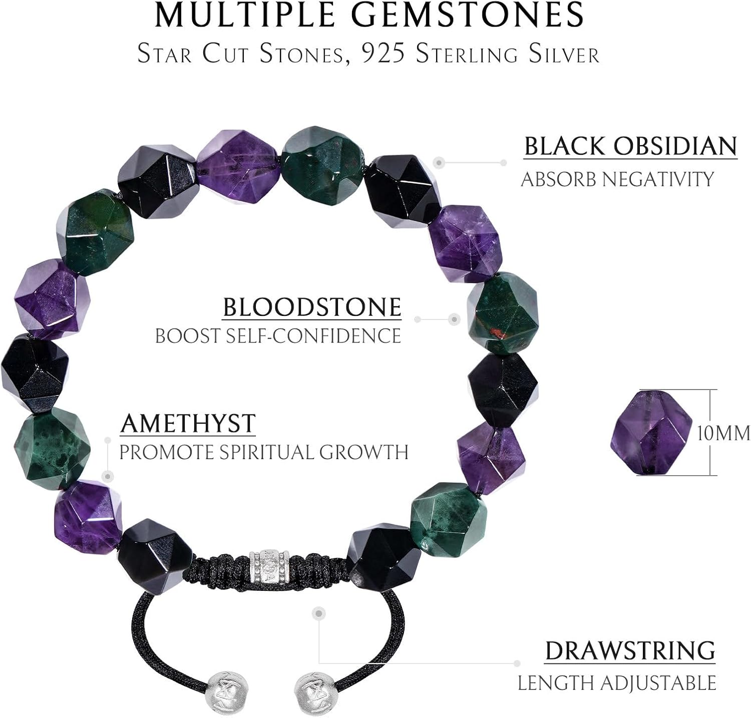AWNL Men's Multicolored Beaded Bracelet for Men Natural Stones Tiger Eye Onyx Amethyst Silver Obsidian (10mm) Braided Spiritual Bracelet with Sterling Silver Closure Gift for Men, 6.1''-7.5''