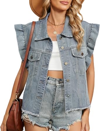 2026 Womens Denim Y2K Vintage Jean Crop Top Ruffle Sleeve Collared Neck Button Down Summer Casual Jacket