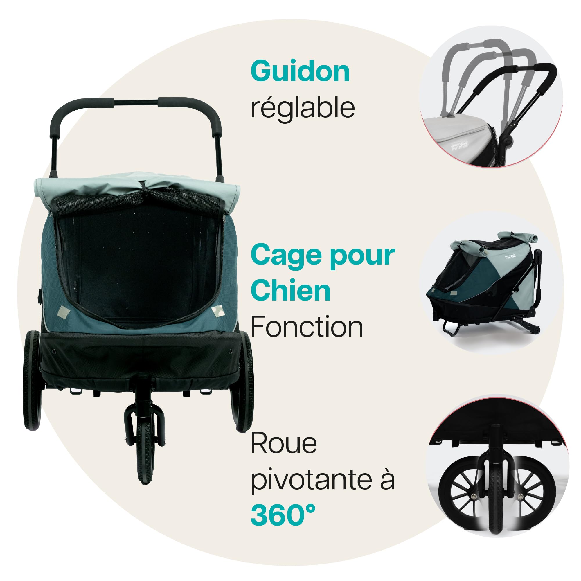 InnoPet Noah Poussette pour Chiens - Pour Chiens Petits et Moyens jusqu à 25 kg - Tout Terrain - Guidon Réglable - Housse de Pluie Incluse - Bleue