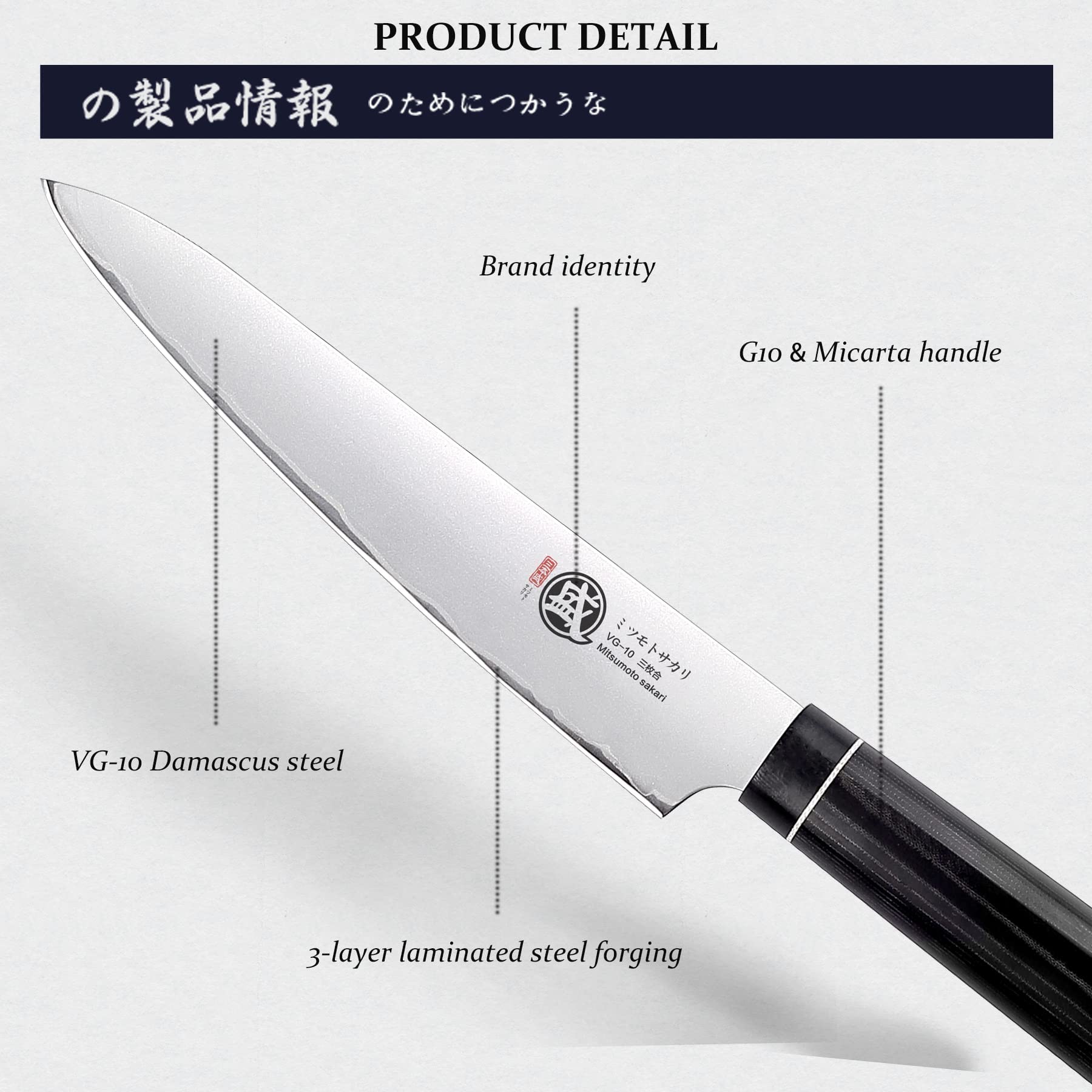 MITSUMOTO SAKARI Spelucchino Professionale da 14 cm, Coltello da Frutta Forgiato a Mano,Coltelli da Cucina（con Manico in G10 e Scatola di legno Boutique）