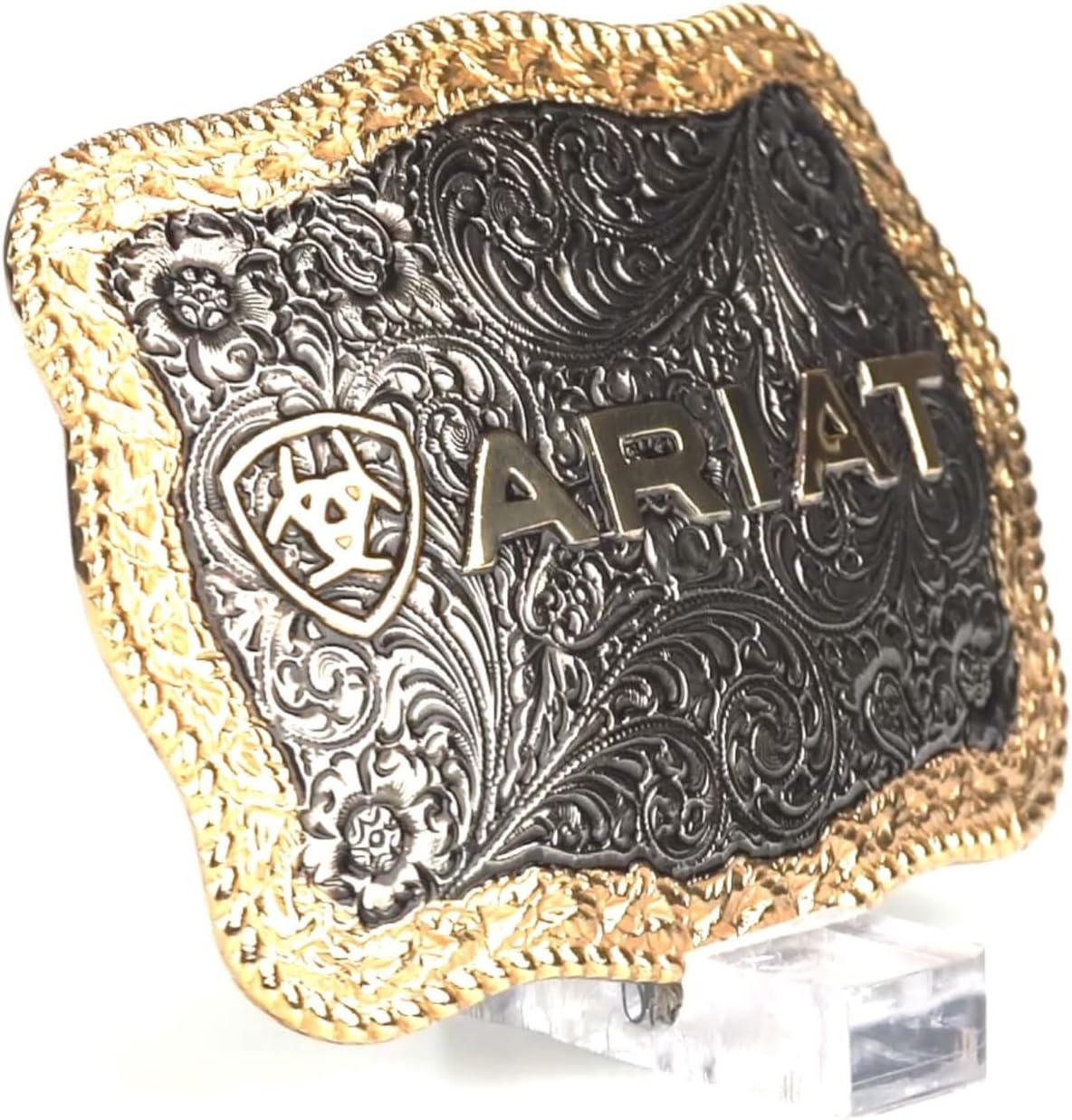 ARIAT Rectangle Buckle, Antique Silver and Gold Finish, Word and Shield Logo, 4-1/2" x 3-1/2"