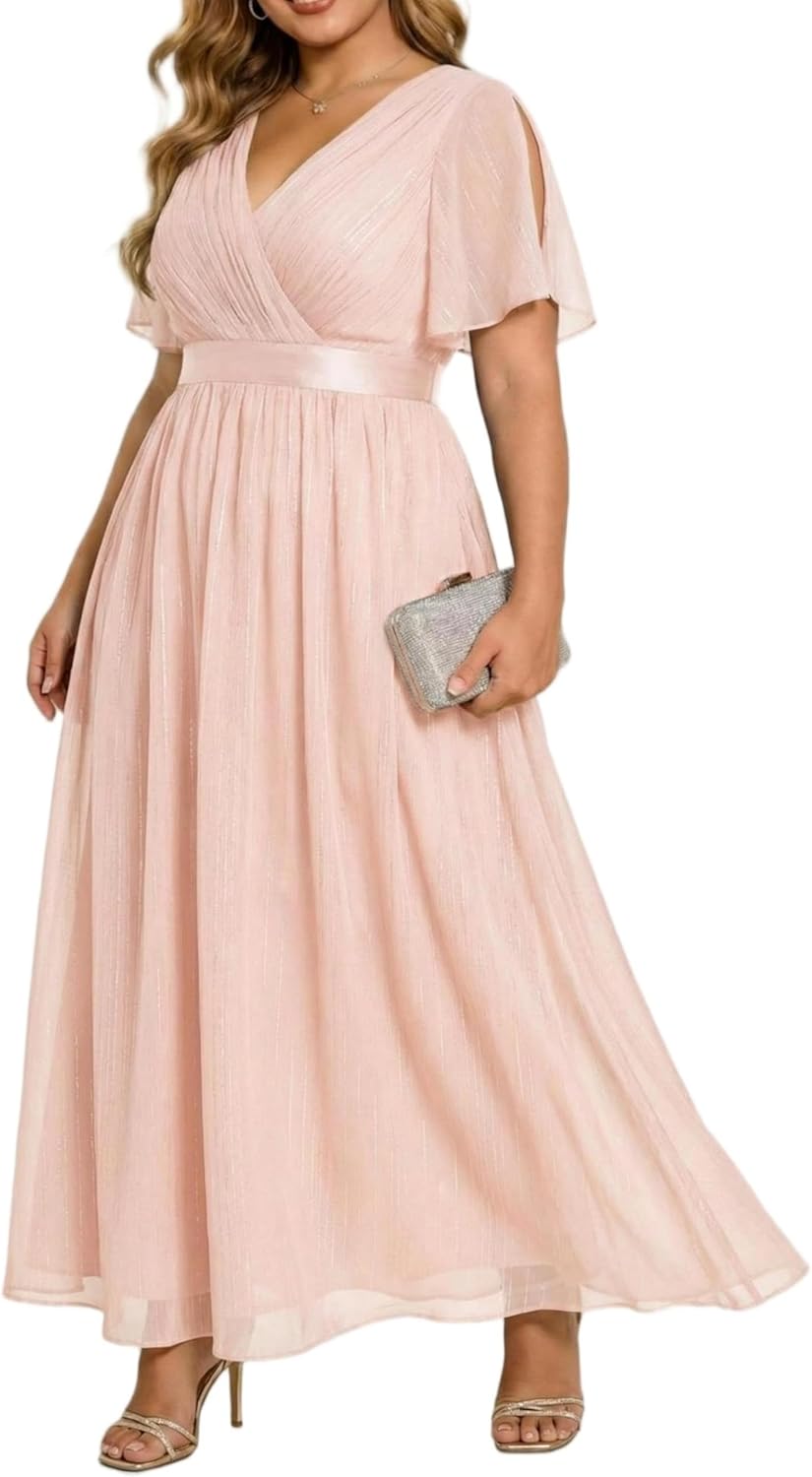 Talisea Plus Size Formal Dress - Chiffon V Neck Bridesmaid Wedding Guest Party Short Sleeve A-Line Floor Length Dresses