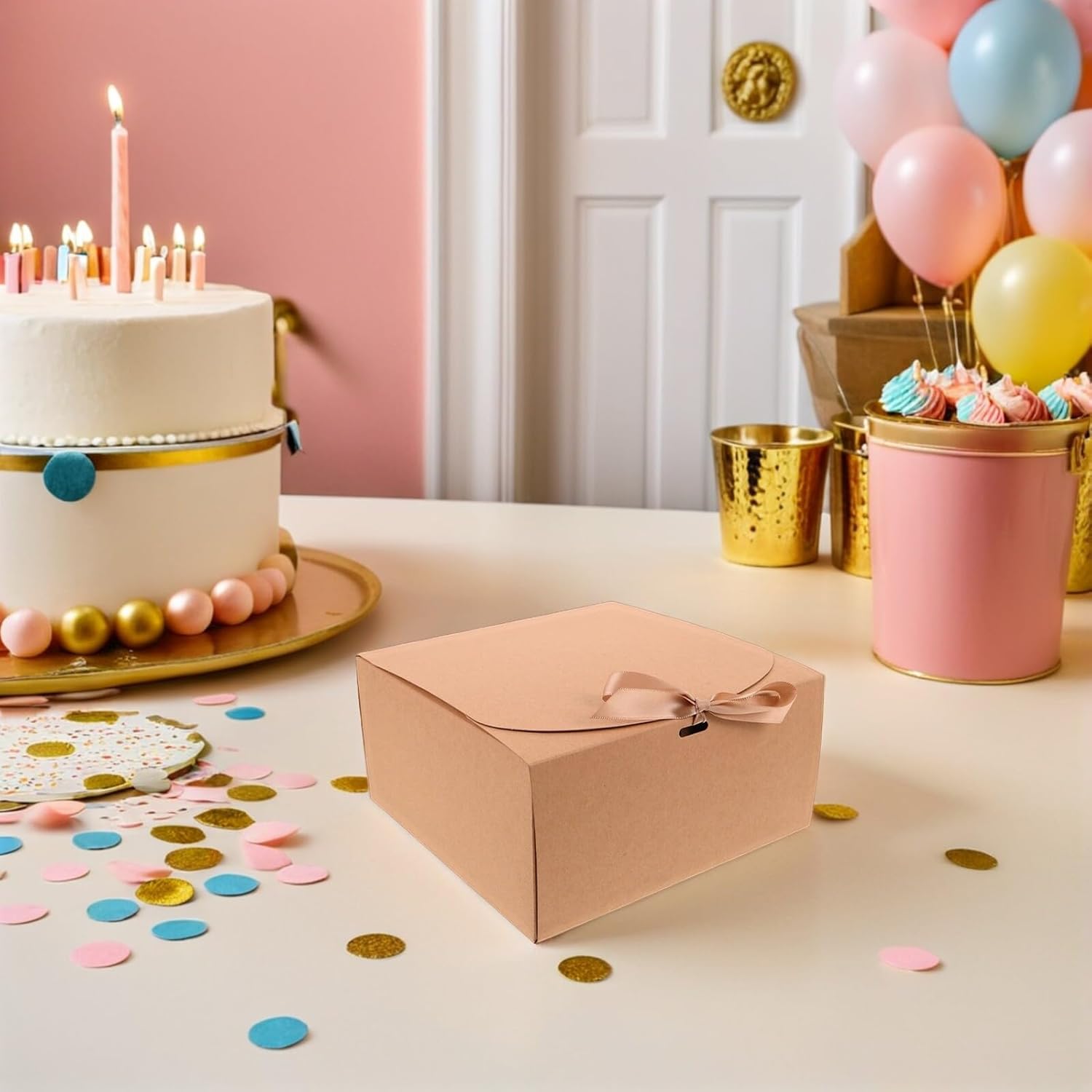 HAKIDZEL Small Kraft Paper Boxes with Ribbon Bow, 10pcs 20x20x10cm Lidded Favor Boxes for Wedding, Birthday, Party Candy Packaging and Treat Storage