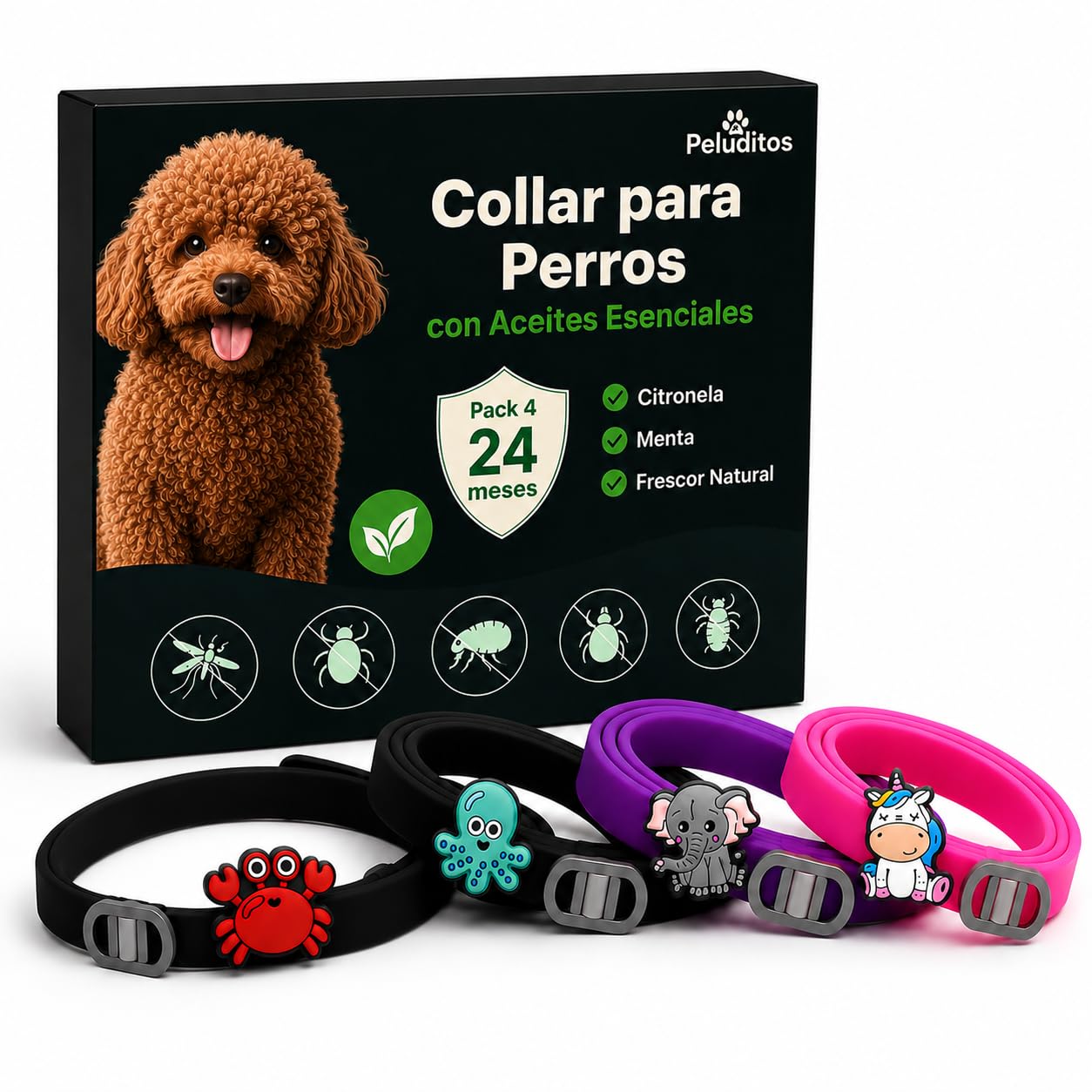 Peluditos Pack 4 Collar antiparasitario Perros con Aceites Esenciales. | 24 meses. 100% natural. Citronela y menta, impermeables, ajuste universal, 4 charms decorativos intercambiables, 65cm.