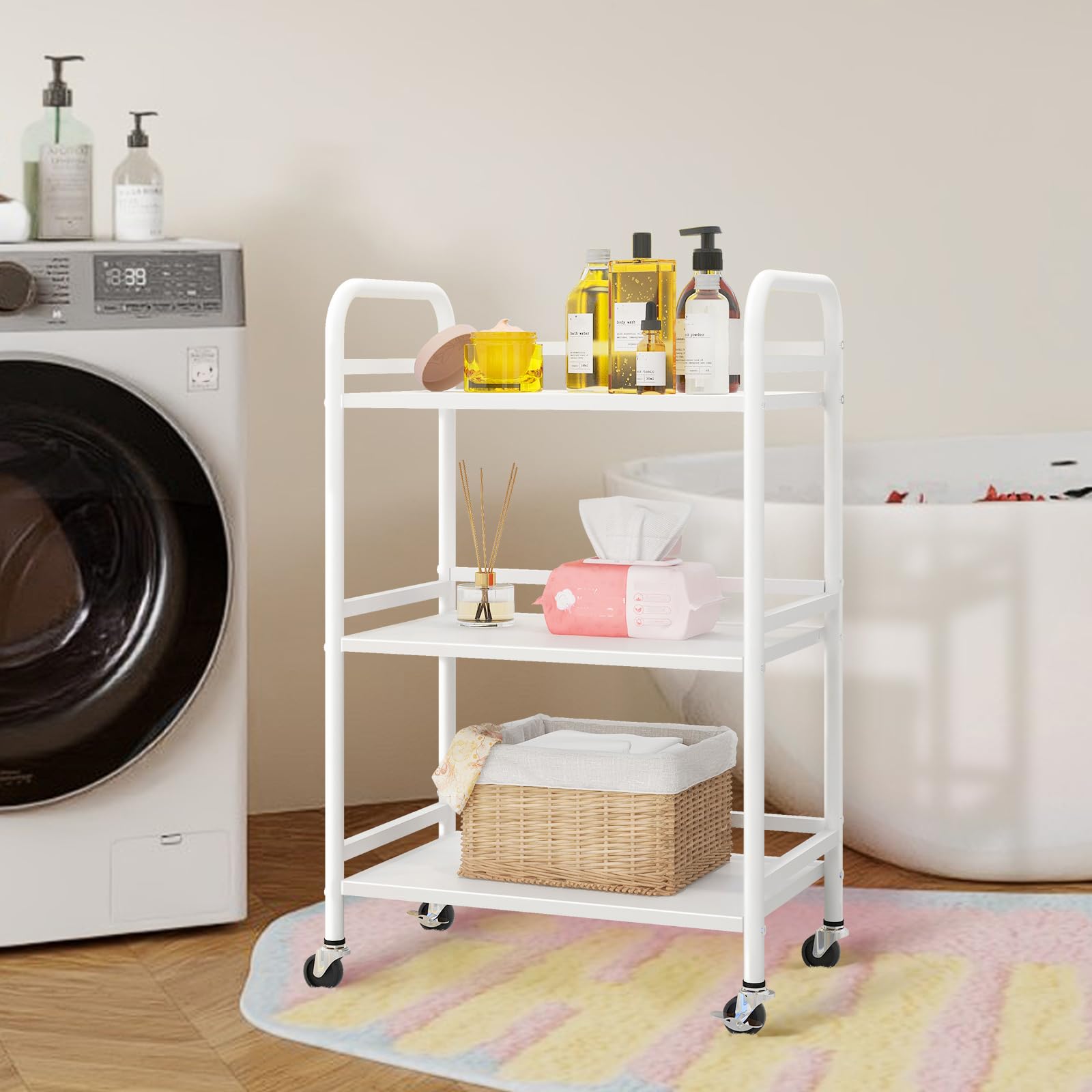 HDANI Carrello su ruote,Carrello Portaoggetti Metallico Con 3 Ripiani Carrello Organizer Con Ruote,Per Cucina,Trucco,Bagno,Ufficio,48×30×75cm,Bianco