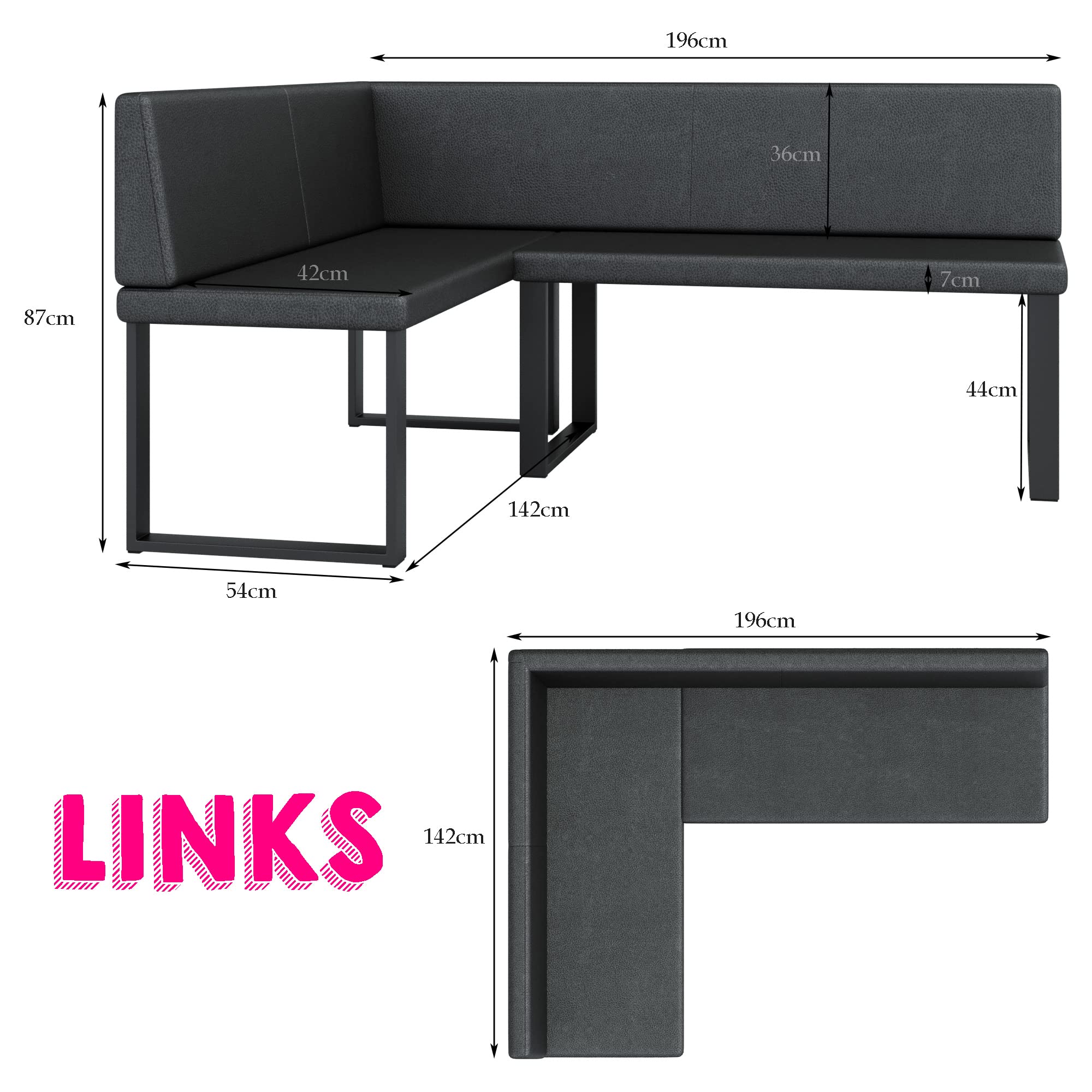 FURNISTAR Akiko Metal Banc d'angle pour votre salle à manger, cuisine moderne, coin salon, coin repas. Parfait pour la cuisine, le bureau et la réception. Finition solide et solide. (Soft 29, 142 x
