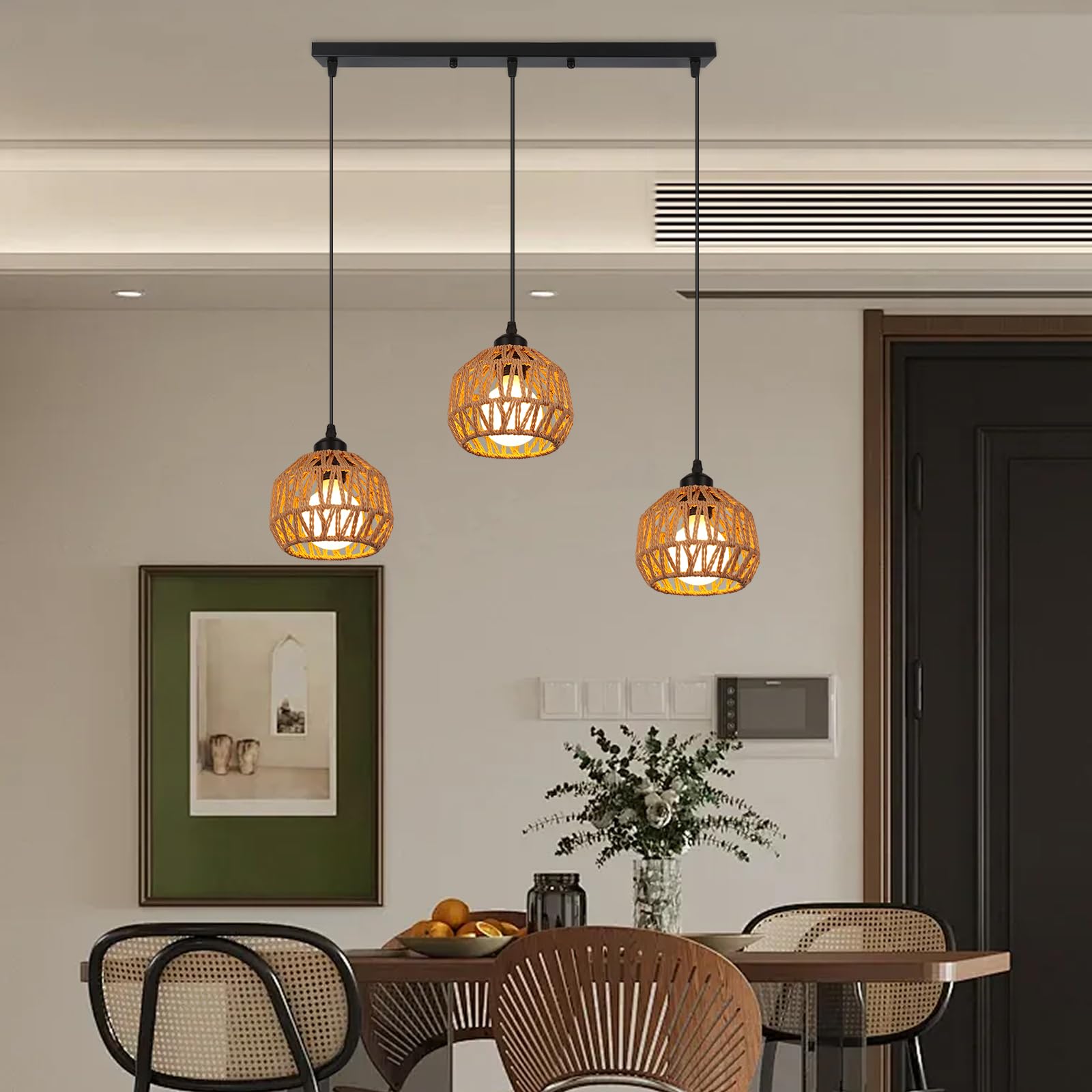 3 Lumières Suspension Industriel Lustre Vintage Abat-jour en Métal et Rotin Luminaire Plafonnier Rétro E27 Lampe Suspendue avec une Barre pour Restaurant Salon Chambre