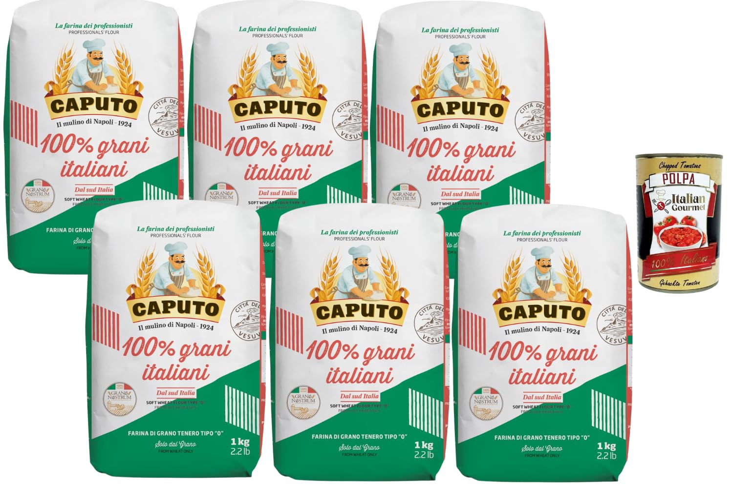 Italian Gourmet Bundle – Italienisches Weizenmehl Tipo “0” aus 100% italienischem Weizen – 6 x 1kg Vorteilspack für Pizza, Focaccia, Brot & Pasta-Teige (6kg Gesamt) + Italian Gourmet Polpa