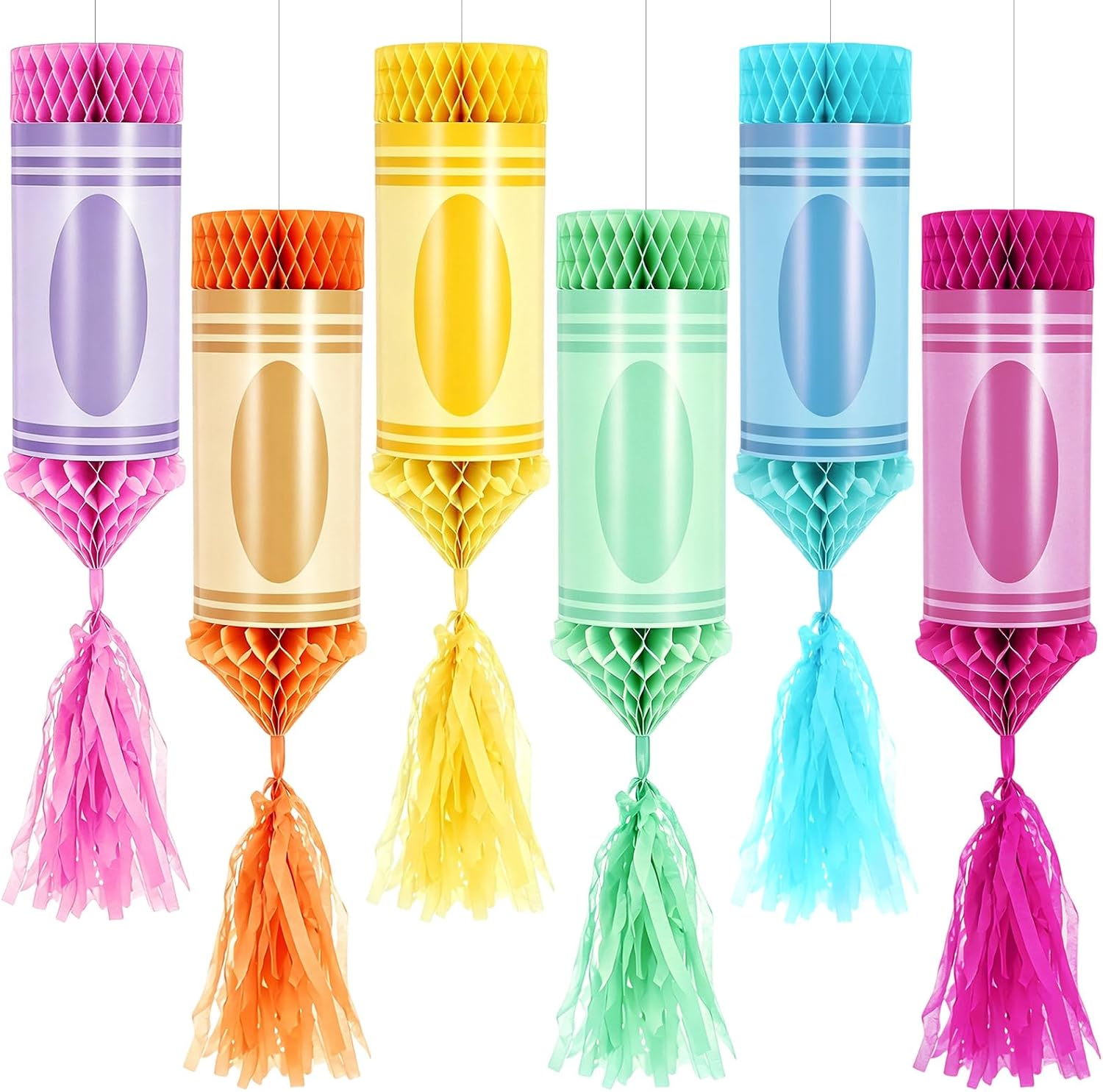 Sabary 6 Pcs Crayon Hanging Honeycomb Decor, Back to School Decorations Paper Lanterns with Tassels, Classroom Ceiling Hanging Decor for Kindergarten & Teacher Classroom (Pastel)