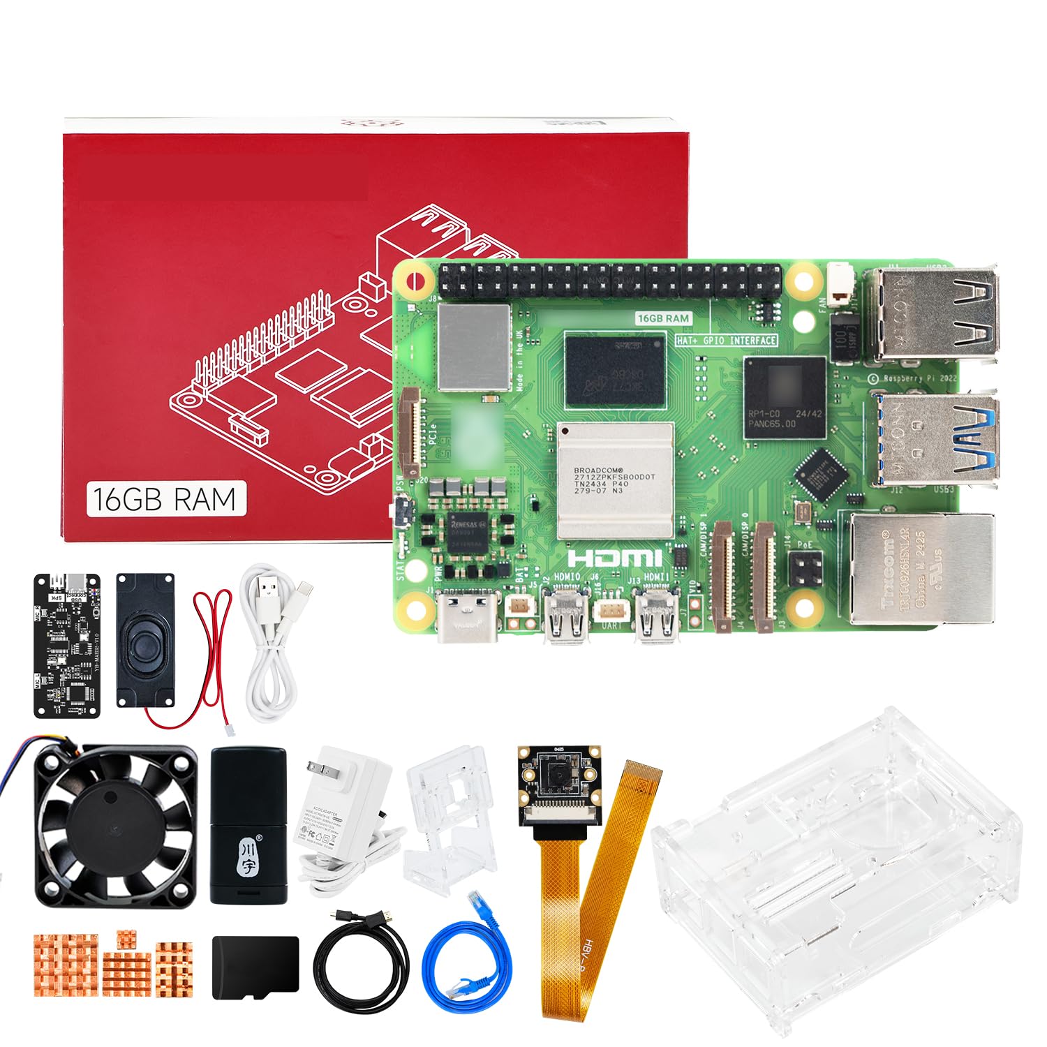 Yahboom for Raspberry Pi5 16GB Kit with AI Voice Module, 27W 5.1V5A USB-C Power Supply,IMX219 Camera,Active Cooler Case AI Large Model Provide Openclaw Deployment
