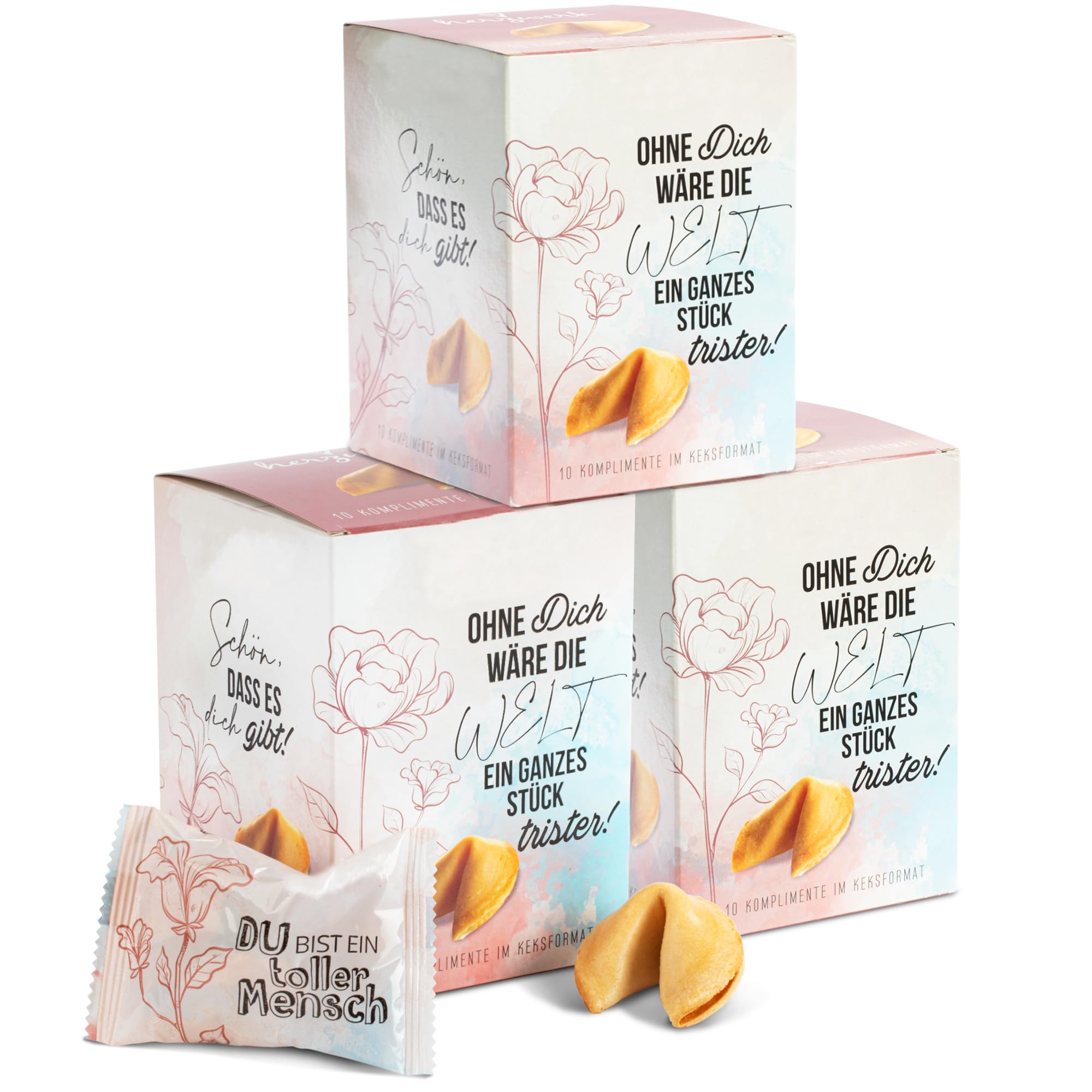FOOD crew 30x Glückskekse Komplimente - 3 Designs - Komplimente Kekse als kleine Geschenke Idee für Familie, Freunde, Kollegen - Kleinigkeiten für Adventskalender Füllung - Silvester Glückskekse