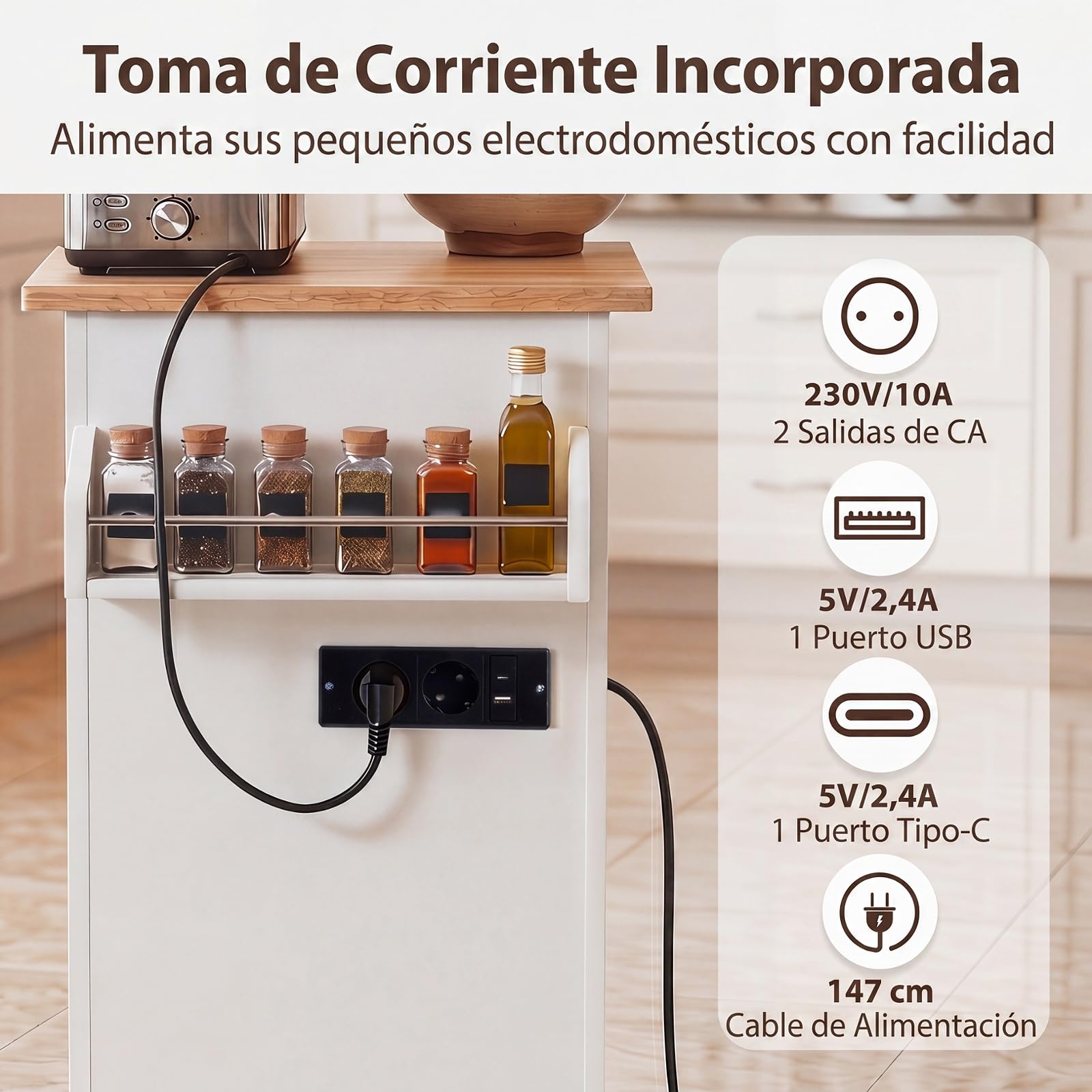 COSTWAY Carro de Servicio Comedor con Ruedas,Toallero,Cajón, Puerta y Estantes Gabinete, Carrito de Cocina con Alargador, Mueble de Cocina,Blanco