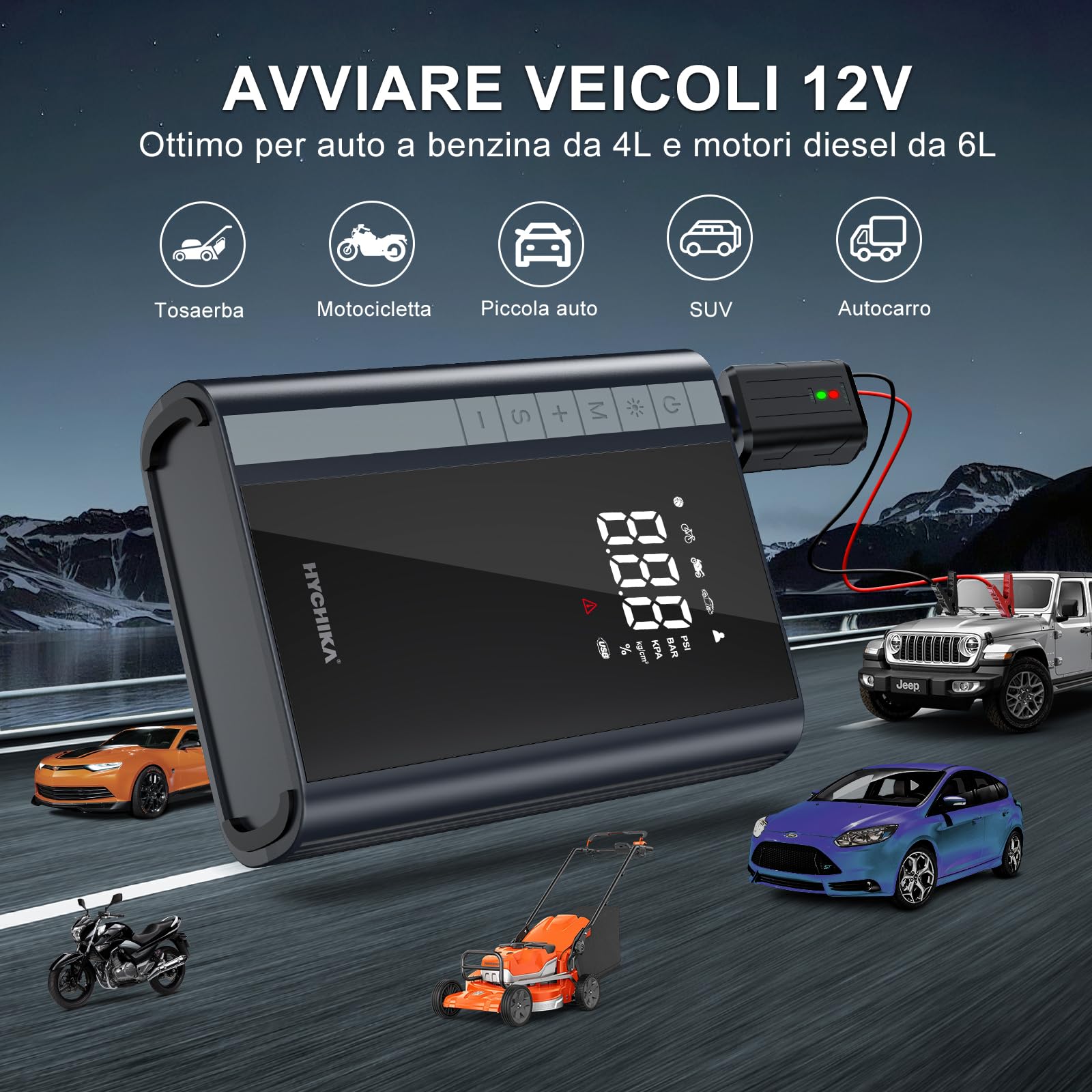 HYCHIKA Avviatore Batteria Auto 1500A - Avviatore Emergenza con Compressore,Booster Avviamento Auto/Moto Portatile (Fino a Tutti i Benzina e 4L Diesel),Doppia USB,600 Lumen LED