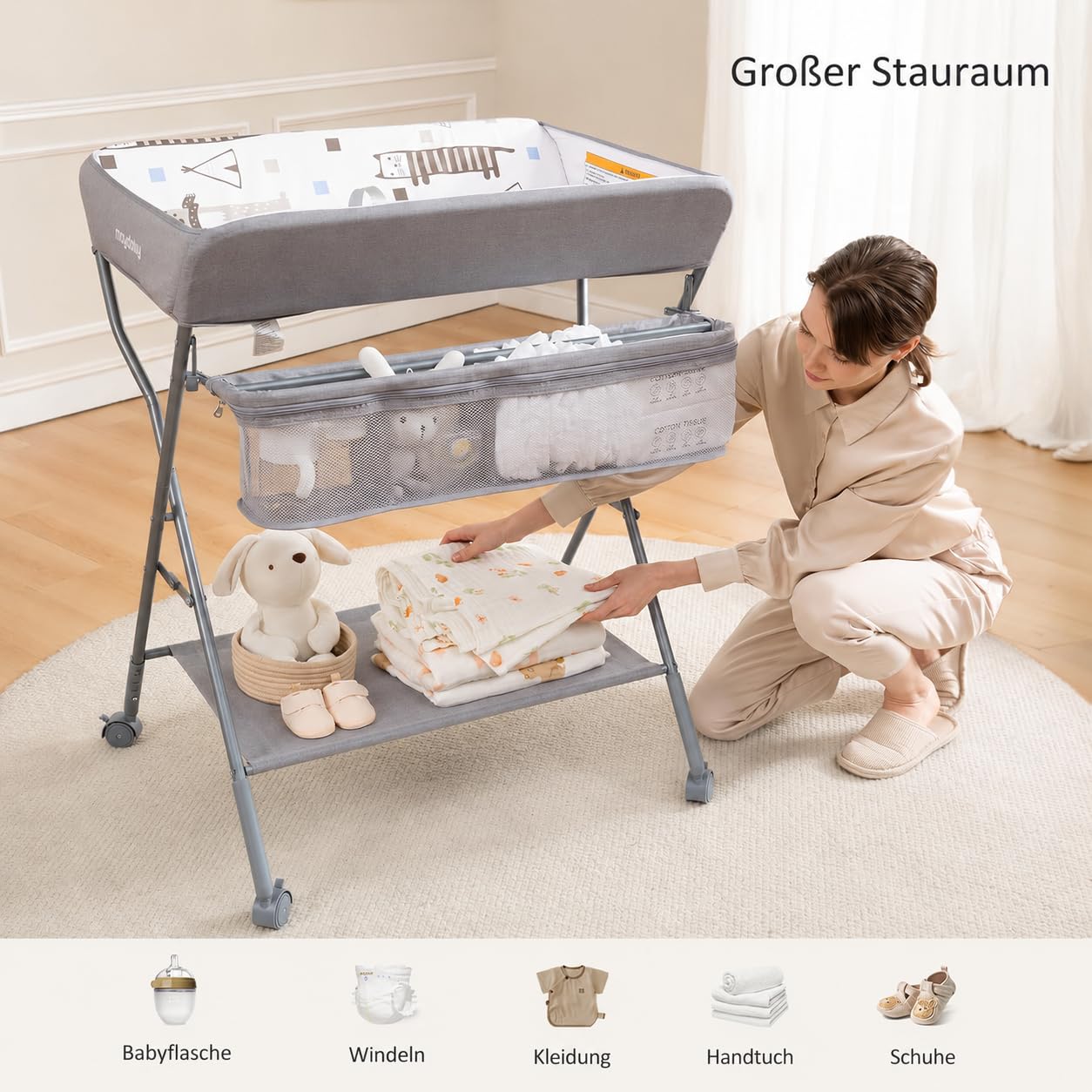 Maydolly Baby Klappbar Wickelkommode, Mobiler Wickeltisch mit Rollen und Wickelauflage, Wasserdicht, Höhenverstellbar, hellgrau
