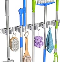 Seewaazee Stainless Steel Broom Holder Wall Mount - 5 Racks 4 Hooks Mop Organizer Heavy Duty for Garage Kitchen Laundry