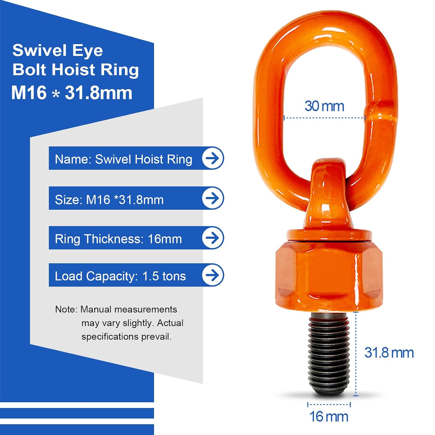 4 Pack Swivel Eye Bolt Hoist Ring M16 x 31.8 G80 Alloy Steel Material, Standard Load Capacity 3300 lbs Swivel Eye Bolt, 360° Rotation Hoist Ring, 1080Mpa Tensile Strength
