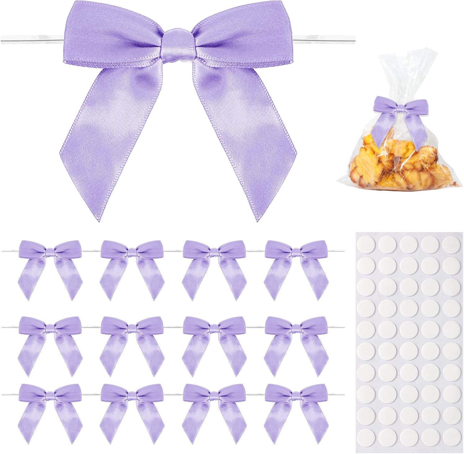 50 Pack Purple Twist Tie Bows, 3.5" Satin Ribbon Mini Purple Bows for Tying Up Packages Gifts Wrapping,Crafts Package,Bakery Candy Bags,Party Favors, Wedding, Baby Shower Decorations