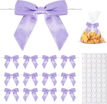 50 Pack Purple Twist Tie Bows, 3.5" Satin Ribbon Mini Purple Bows for Tying Up Packages Gifts Wrapping,Crafts Package,Bakery Candy Bags,Party Favors, Wedding, Baby Shower Decorations