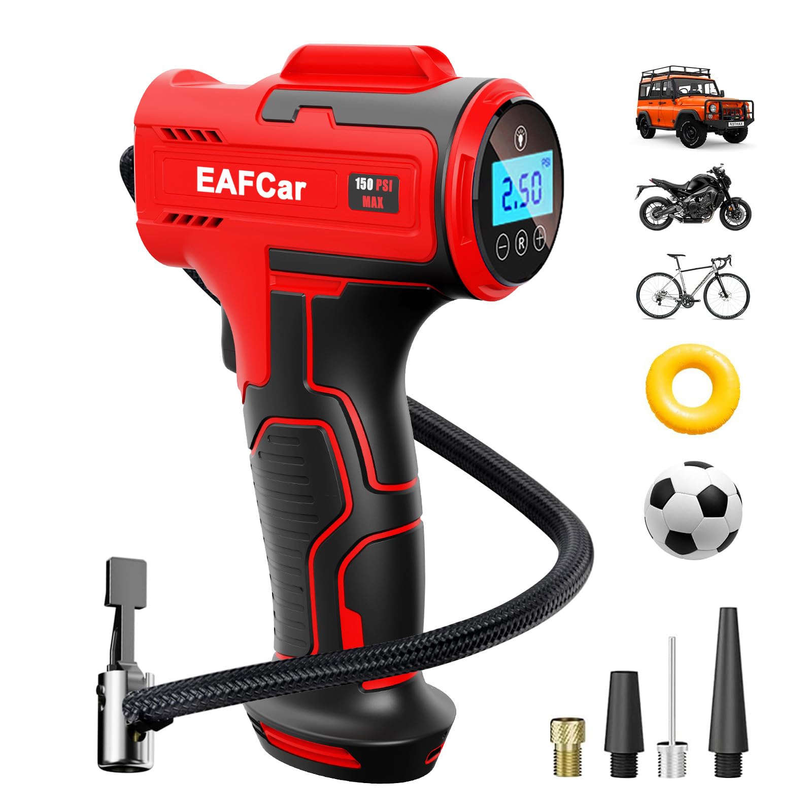 Compresor de aire inflador de neumáticos inalámbrico, pantalla digital eléctrica de 150 PSI, bomba de neumáticos automática portátil con luz LED y 3 boquillas para coche, motocicleta, bicicleta