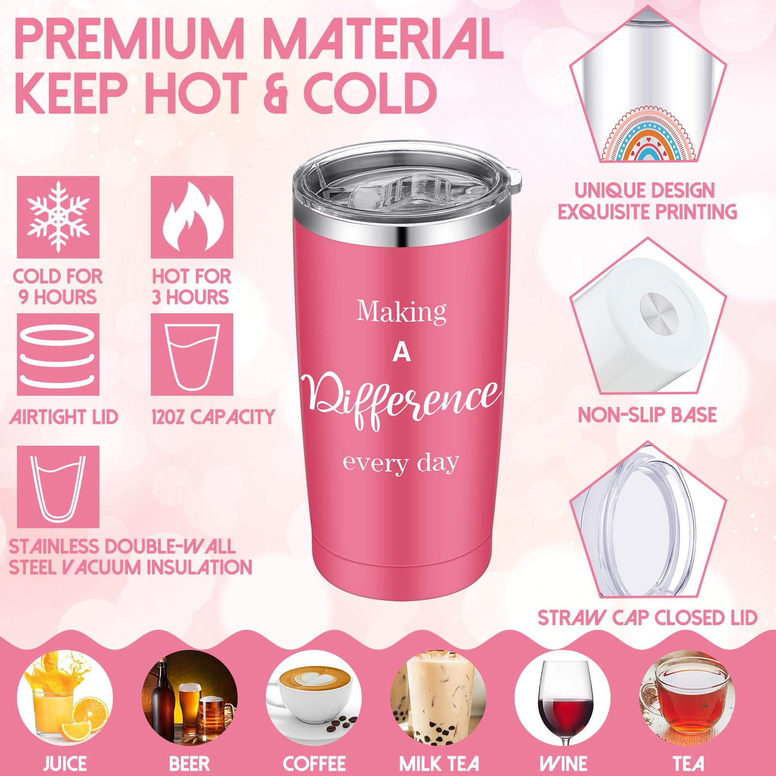Uiifan Zestaw 48 inspirujących prezentów dla kobiet, 590 ml, izolowany kubek ze stali nierdzewnej z brelokiem, mini dziennik, podziękowanie, współpracownik, pracownik, nauczyciel, prezent motywacyjny