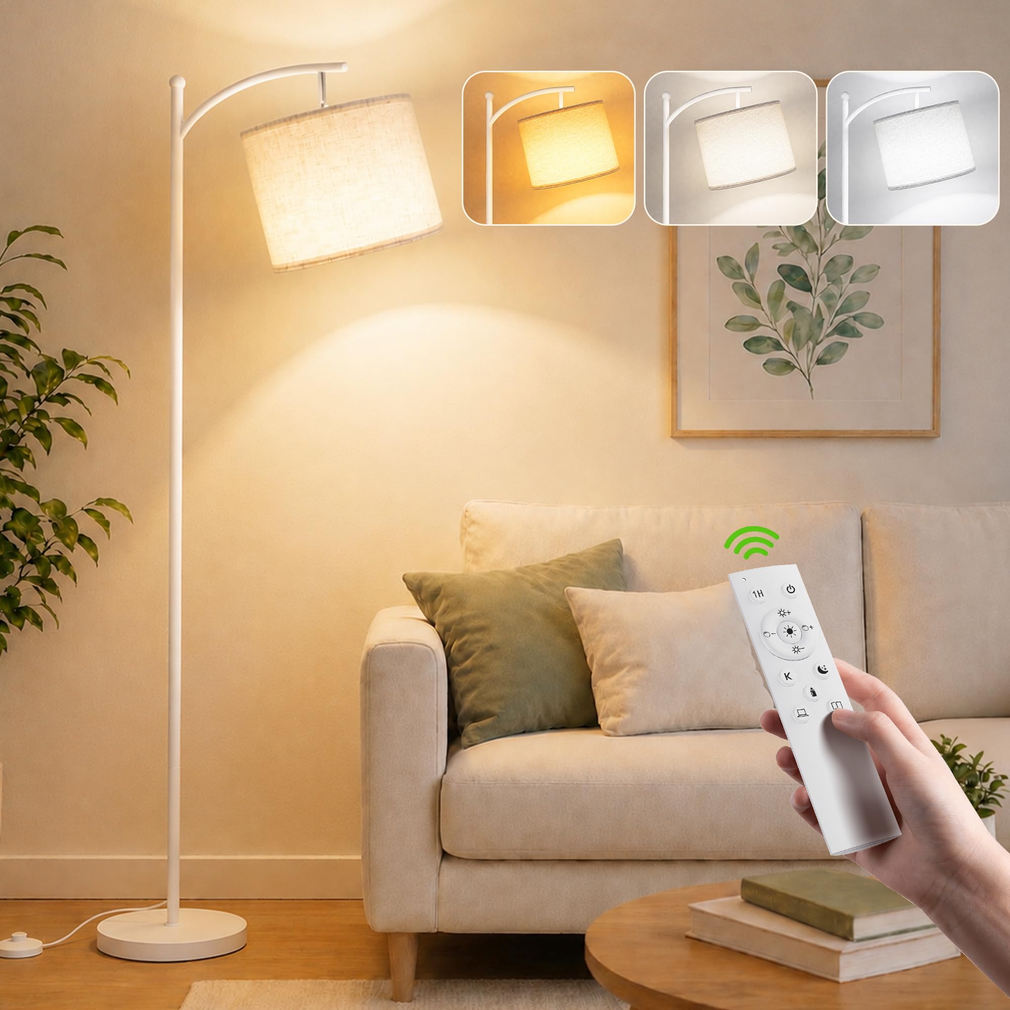 Torkase Lampadaire sur Pied LED Blanc à Arc avec Abat-Jour Tissu