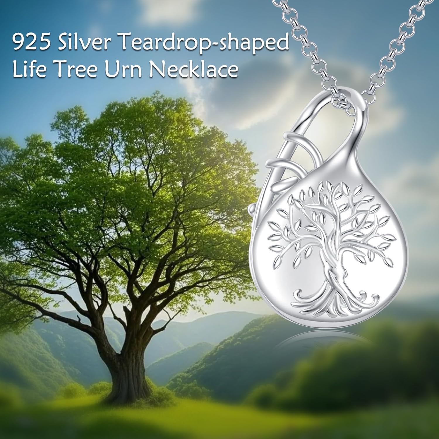 925 Sterling Silver Tree of Life Urn Necklaces for Ashes, Teardrop Memorial Keepsake with Funnel Filler Cremation Jewelry Dainty Memorial Gifts for Her Mom Grandma Sister 18+2" - Image 6