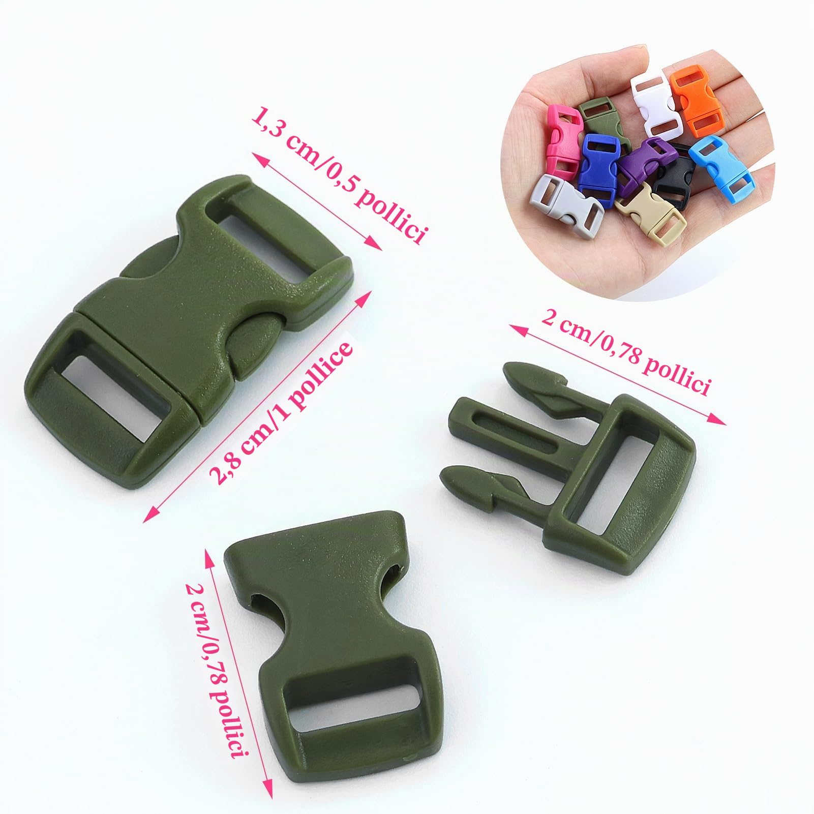 50 Pezzi Fibbie Plastic 10 mm,Laterali in plastica a sgancio rapido Mini Fibbie 3/8 Pollice,Multicolore Chiusure a Sgancio Rapido, Doppia Clip Fibbie Plastica,per Valigie,Cinghie