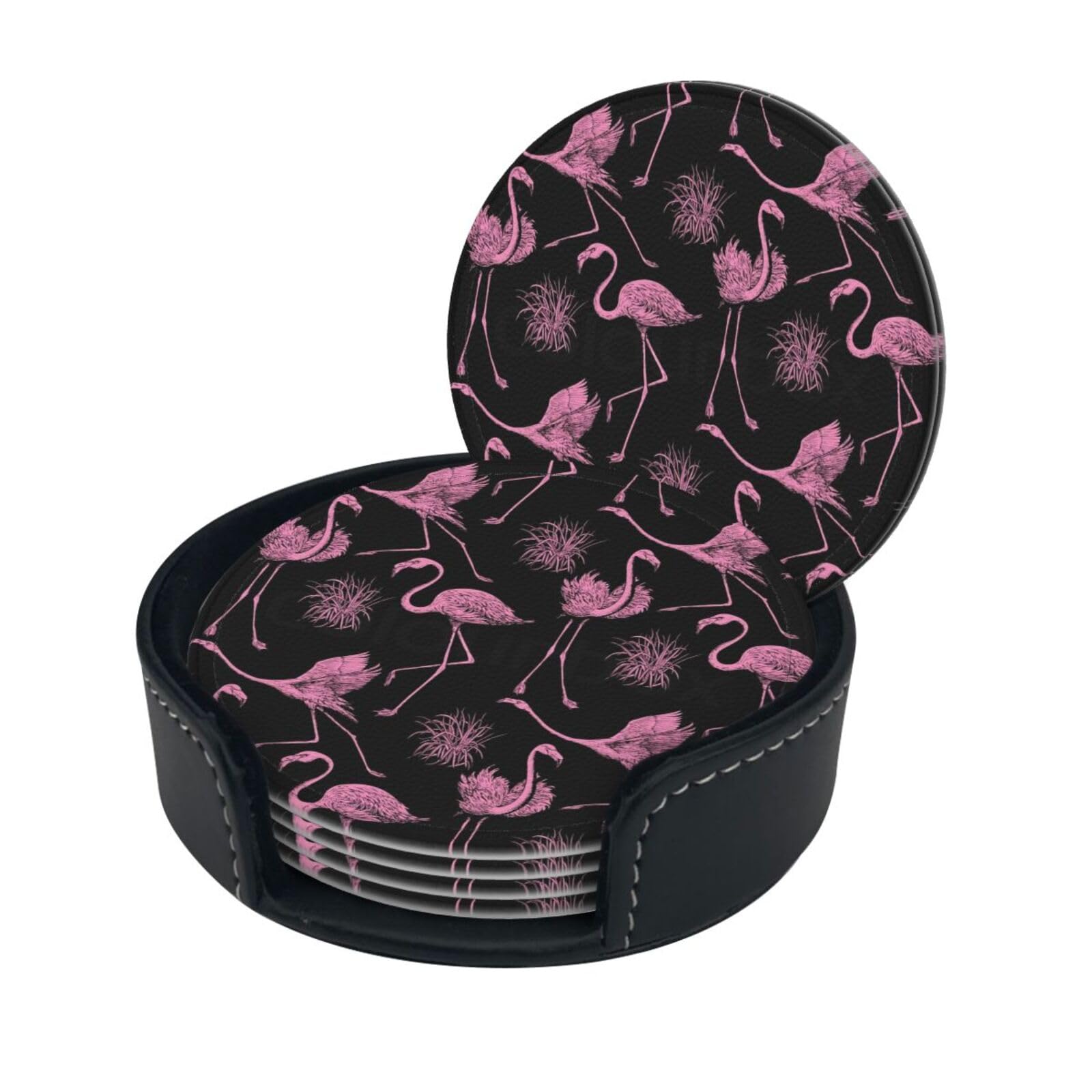 Wquvmds White Abstract Flamingo Print Coasters For Drinks With Holder Set Of 6, Pu Leather Coasters Drink Coasters Cup Pad Mats
