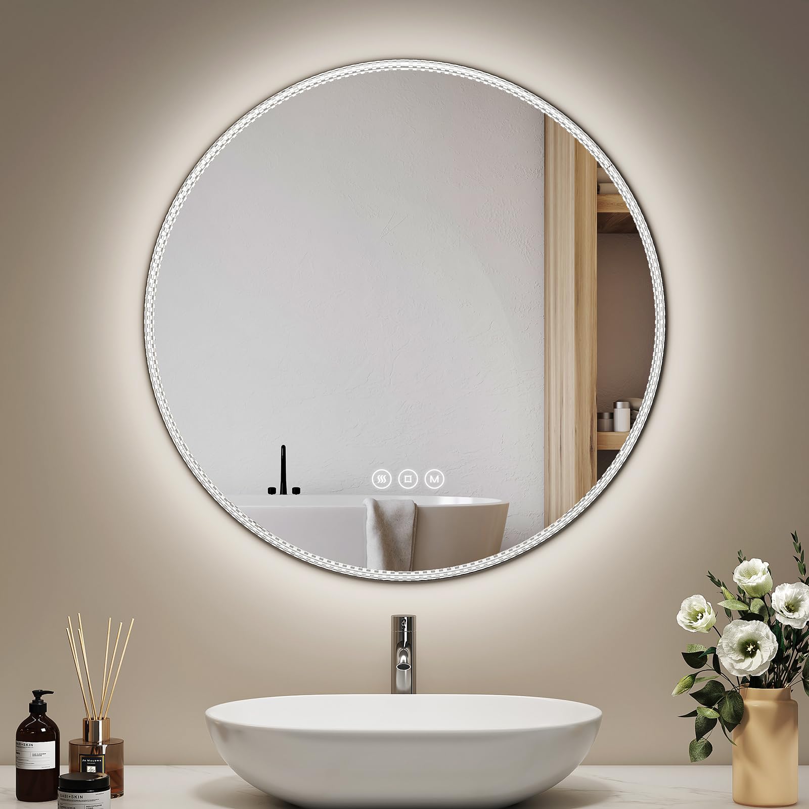 EMKE Bathroom Mirror with Led Lights, Acrylic Crystal Black Framed Illuminated Wall Mounted Vanity Mirror, Demister Bathroom Mirror with 3 Colors, Memory Dimmable, Round Smart Mirror 600x600mm
