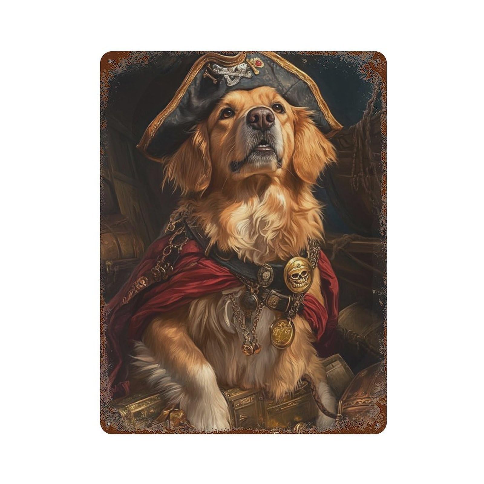 Pirate Dog Treasure Chest-52 Rustic Tin Plaque 15.7"x11.8", Ideal for Patio, Garden Room And Bar Decor