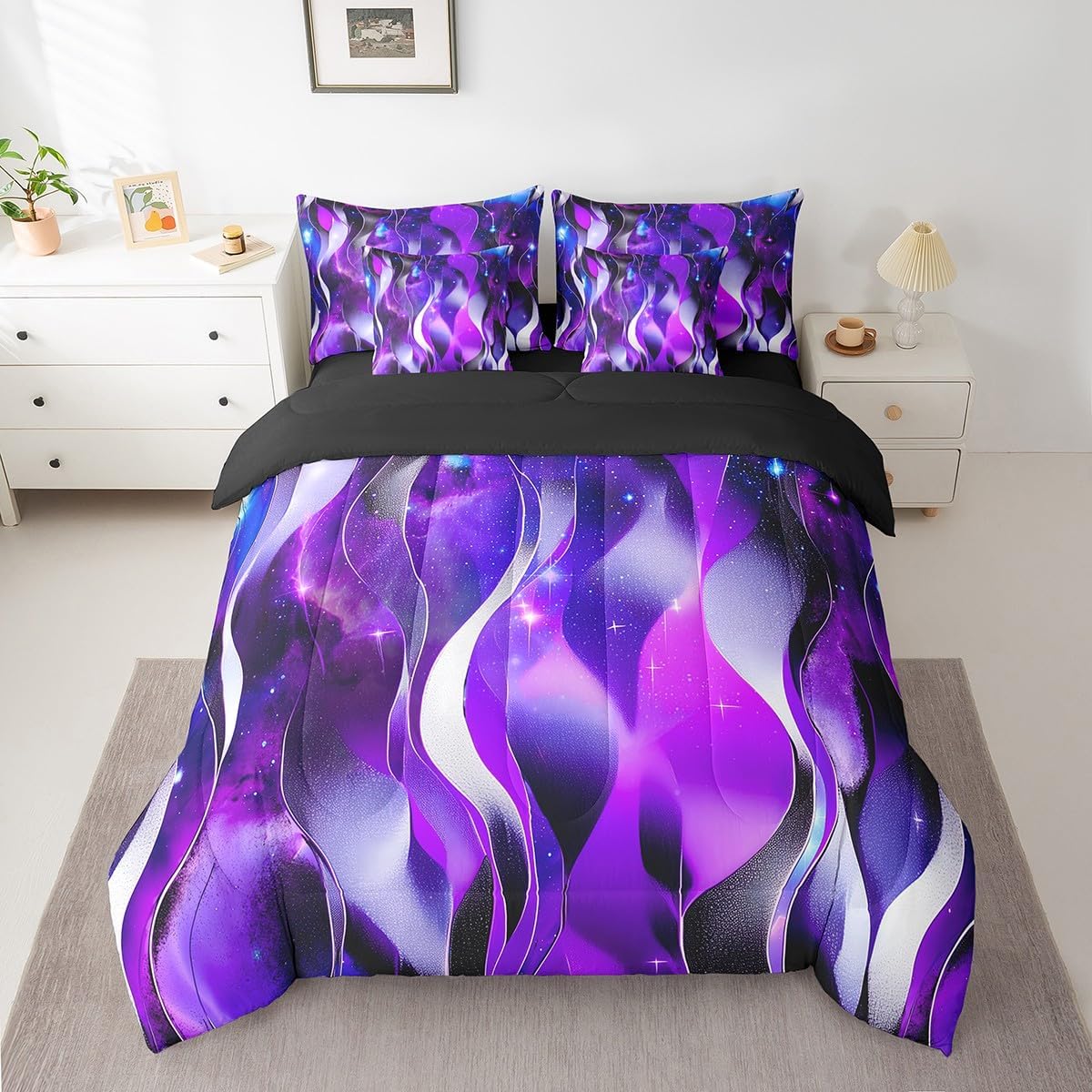 Feelyou Geometric 7 Pieces Bedding Set Stripes Queen Comforter Set with Sheets for Teens Boys Girls Purple Galaxy Bed in a Bag Stripes Bed Set
