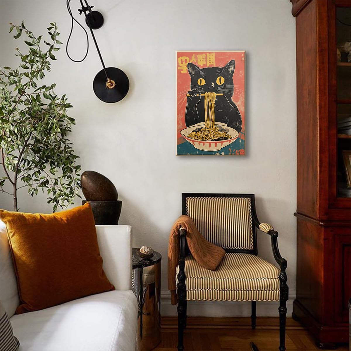 Vintage Japanese Cat Canvas Wall Art, Quirky Black Cat Eating Ramen Poster, Retro Funny Animal Food Art Print, Unique Kitchen Dining Room Wall Decor, Noodle Lover Gift 8x12in Wrapped Canvas