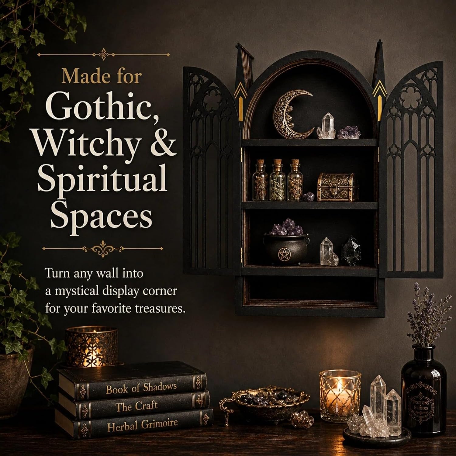 Gothic Crystal Display Shelf for Wall – Deep Wooden Crystal Shelf with Doors, Large Witchy Decor Shelf for Crystals, Essential Oils, Trinkets & Collectibles Organizer
